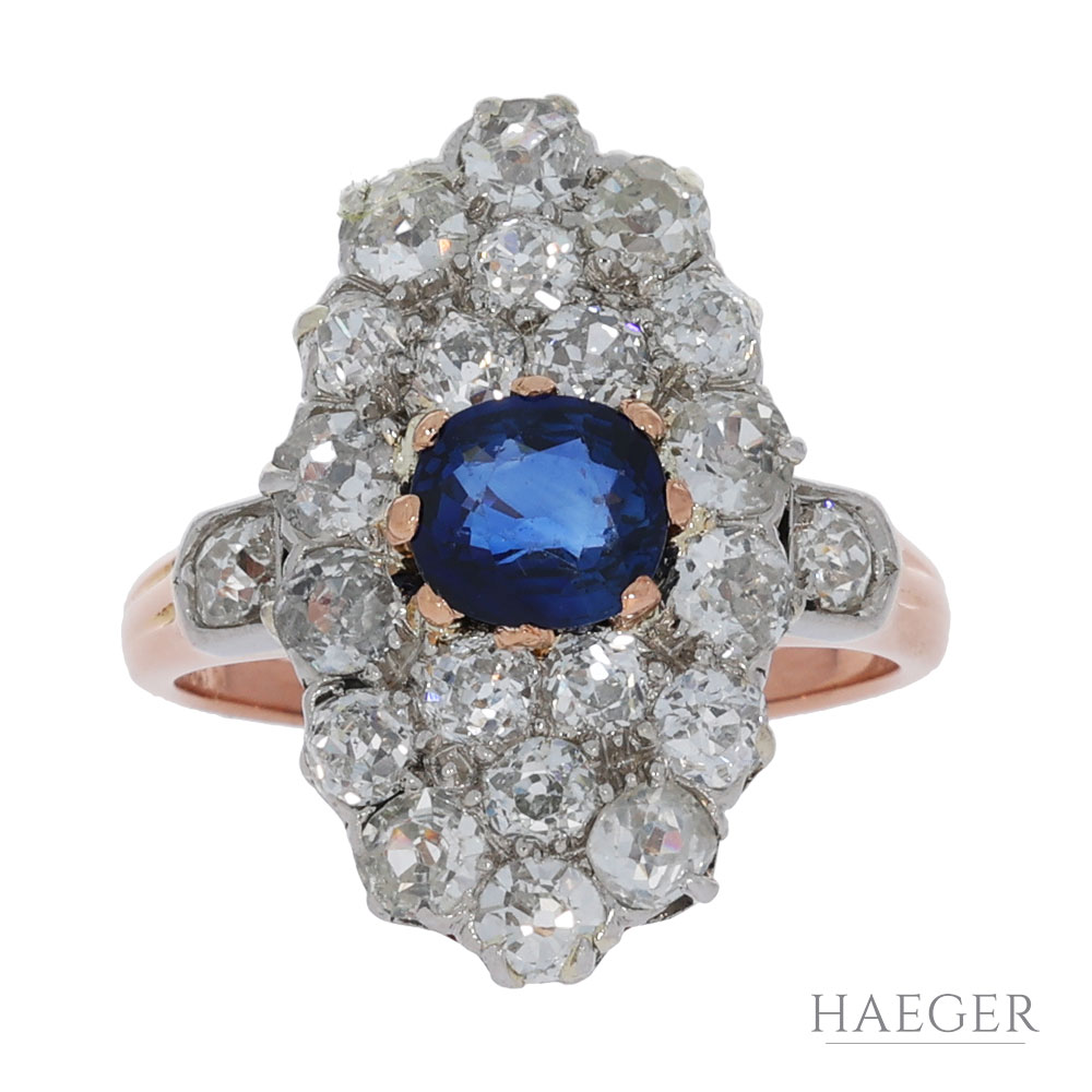 Art Deco Ring Gr.53,5 Roségold 585 / 14K mit 2,5ct Altschliff und Saphir - Bild 2