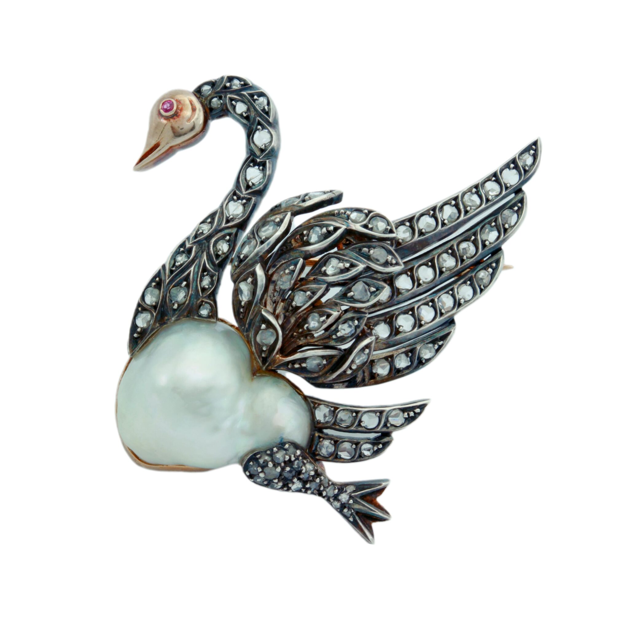 Brosche / Anhänger in Schwanform mit Barock Perle und Diamantrosen