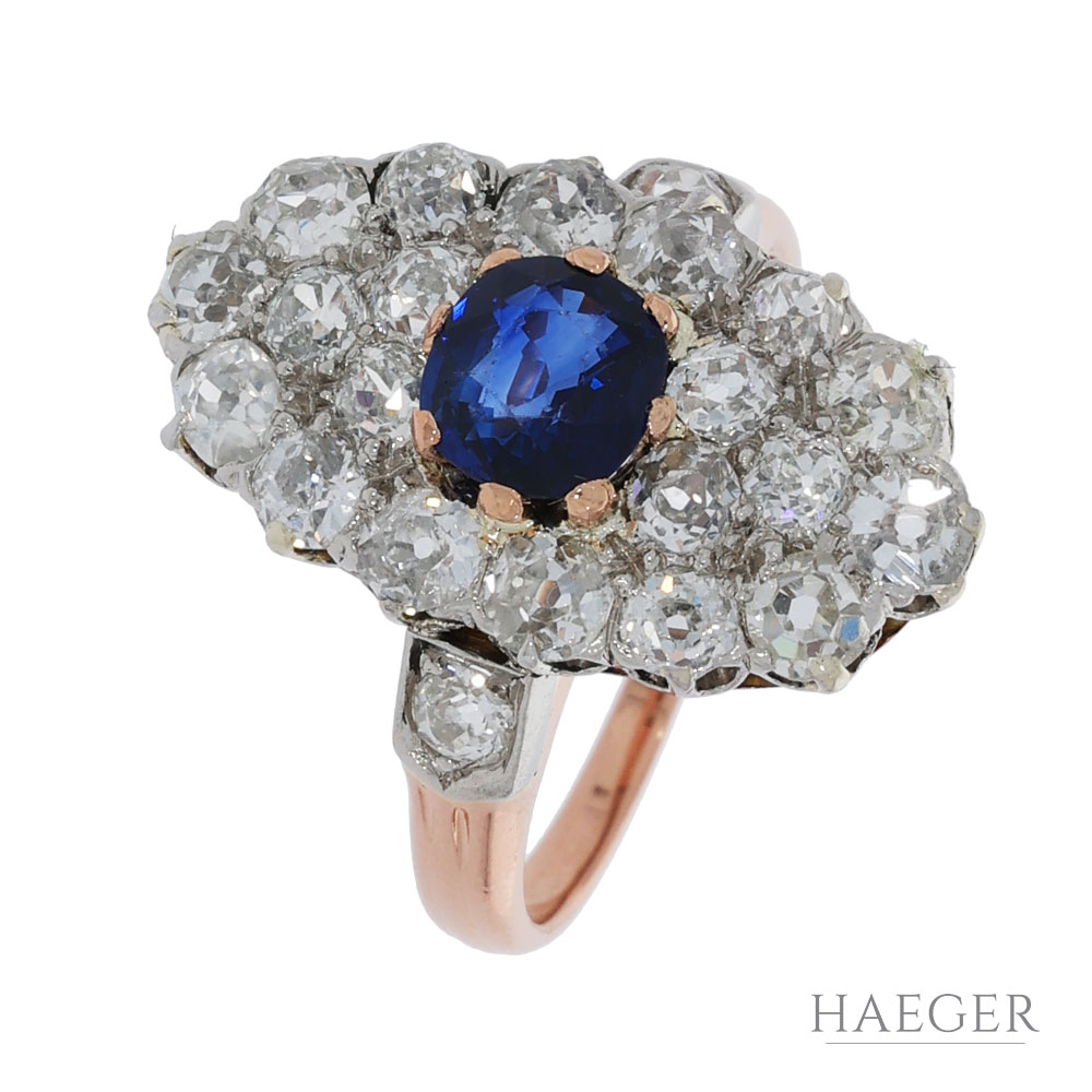 Art Deco Ring Gr.53,5 Roségold 585 / 14K mit 2,5ct Altschliff und Saphir