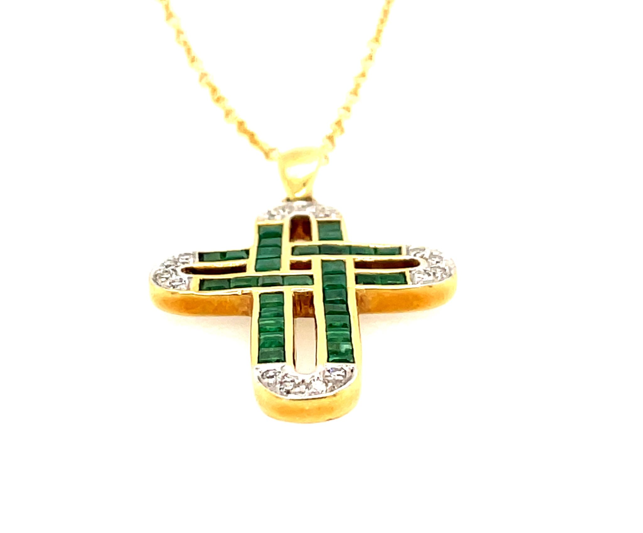 Smaragd „Kreuz“ Kette ca. 0,20 ct Brillanten Gold Kette Gelbgold 750/ 18K - Bild 3
