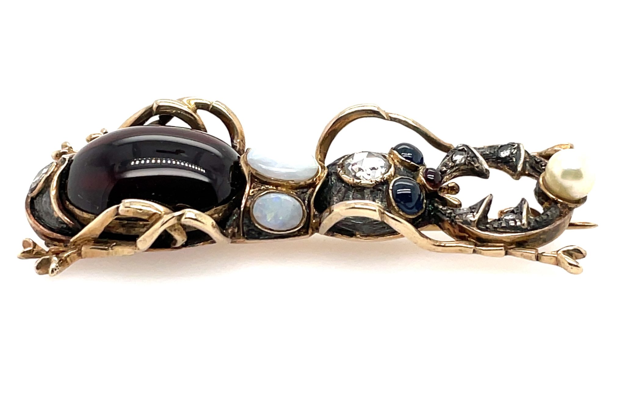 Granat „Hirschkäfer“ Brosche Diamanten, Perlen, Opalen Gelbgold 750/ 18K - Bild 3