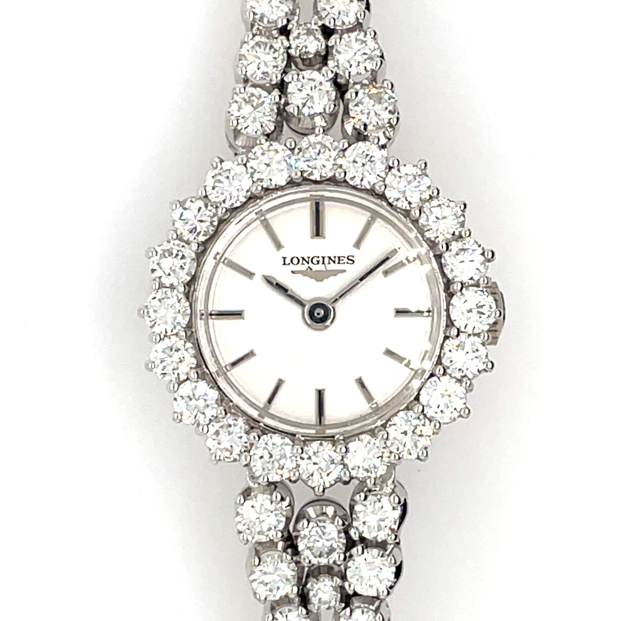 Longines Ladys Cocktail Watch 18K white gold, Diamonds 5ct. TW/vs NOS 1950-1960s ungetragen
