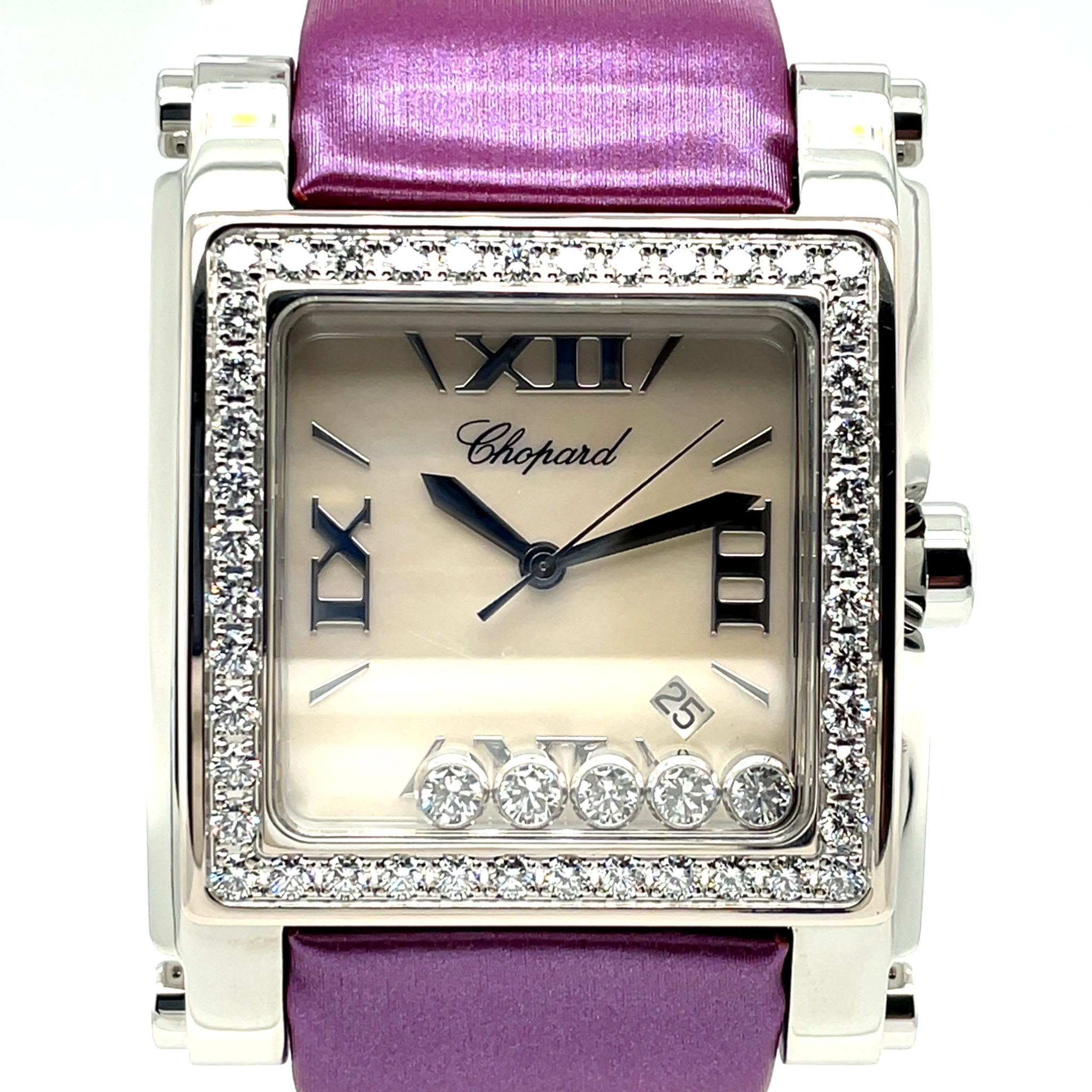 Chopard Happy Sport Square Ref. 8447 Stahl/Weißgold 750 Mother of Pearl Dia. Box und Verpackung