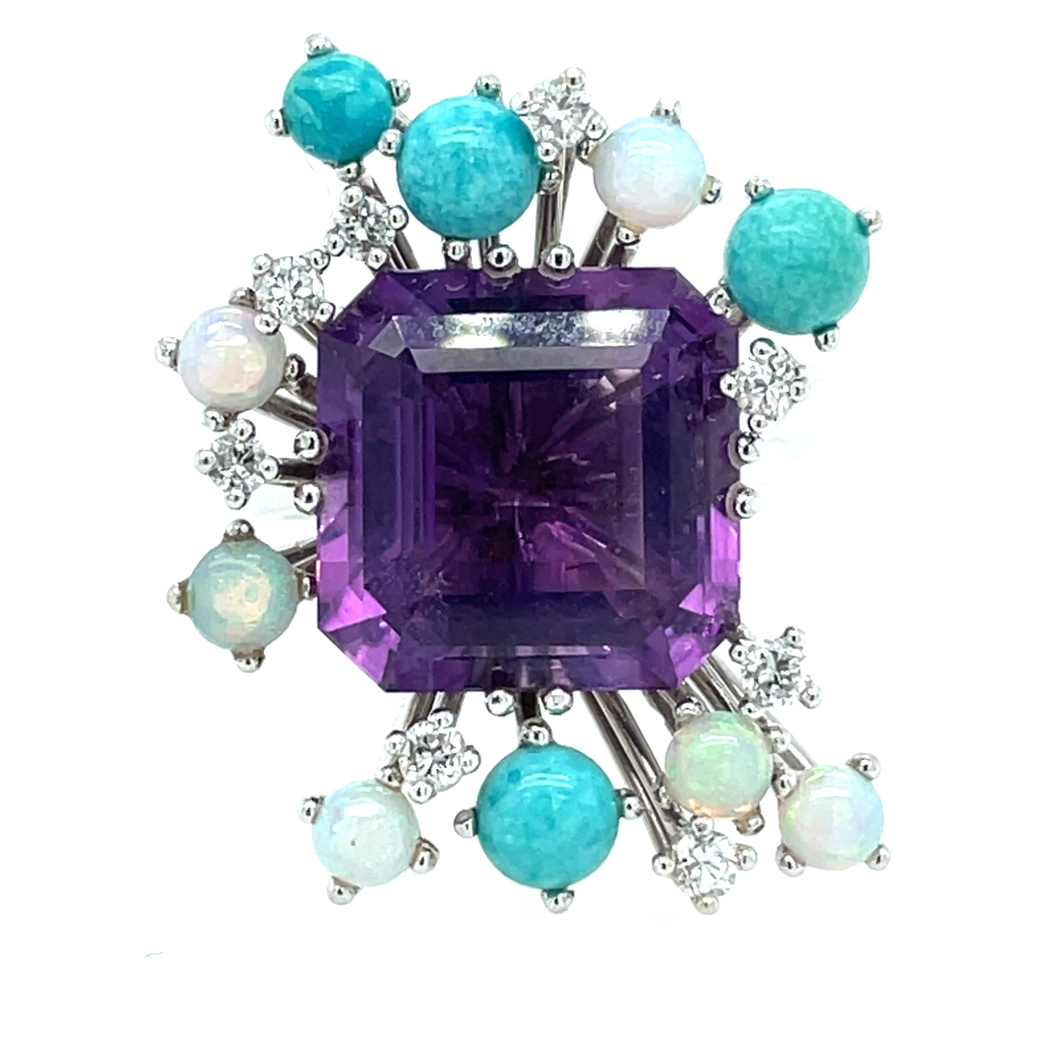 Amethyst Ring Gr. 51,5 Opale, Diamanten, Türkise Weißgold 750/ 18K