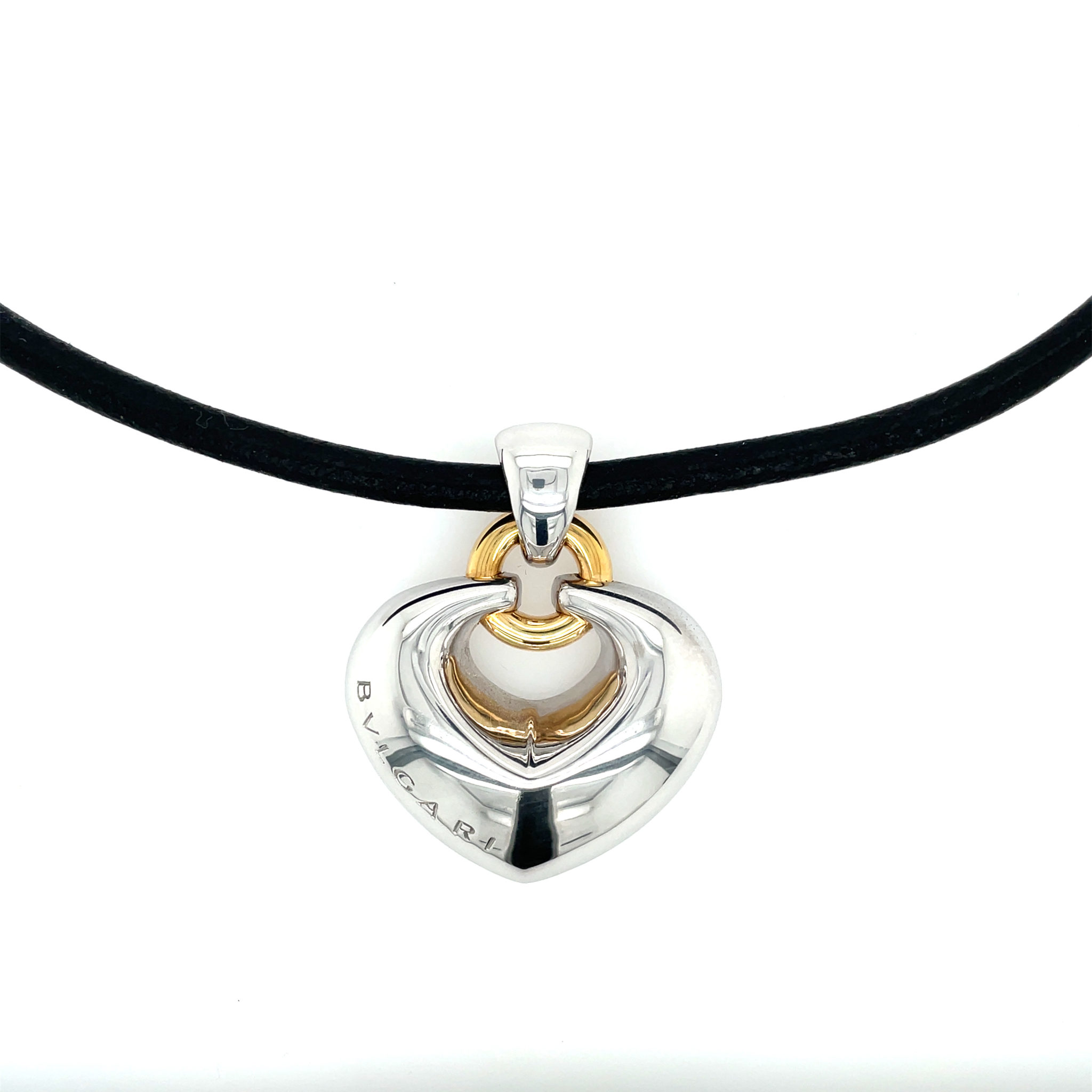 Bulgari „Cuore“ Collier mit Lederband 38 cm BVLGARI Weißgold 750/ 18K