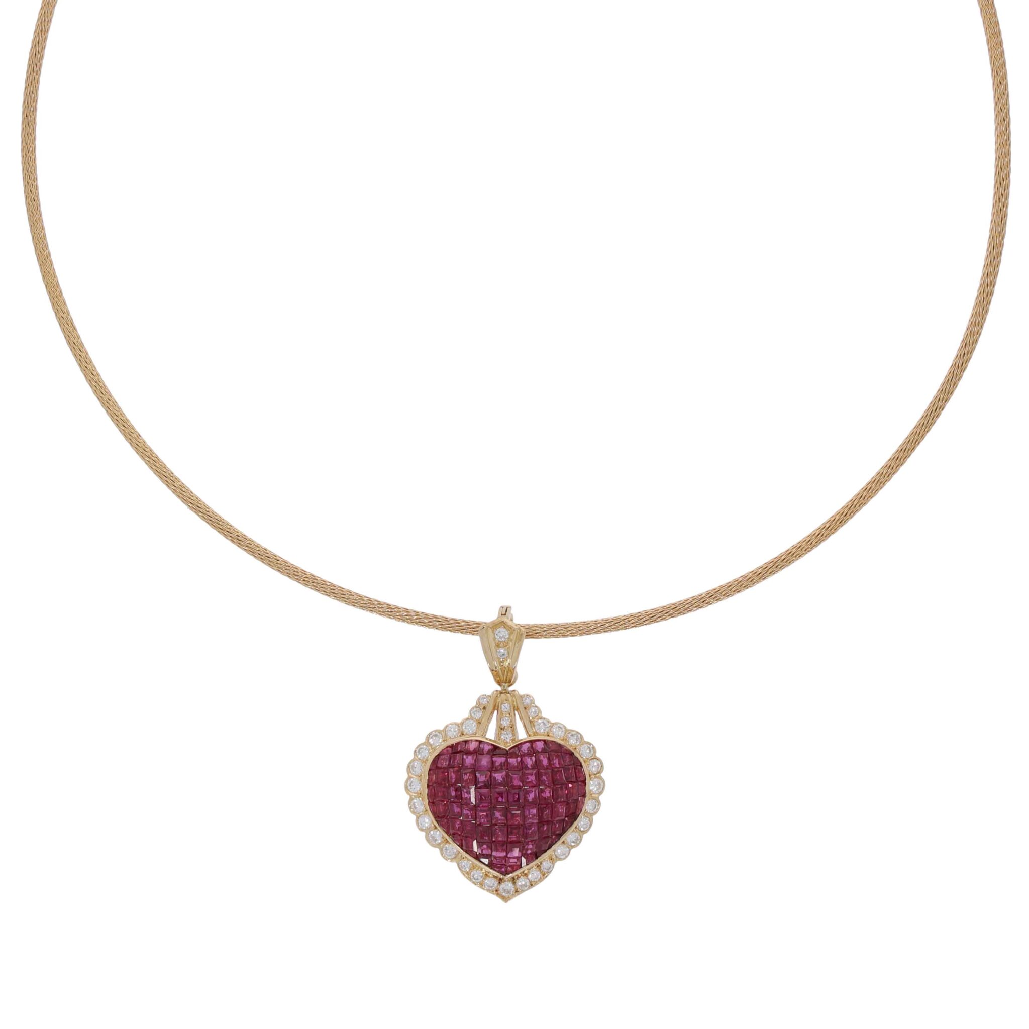 Halsreif mit Herzanhänger Gelbgold 750 / 18K mit ca.1ct Diamanten und Rubinen ca.5ct