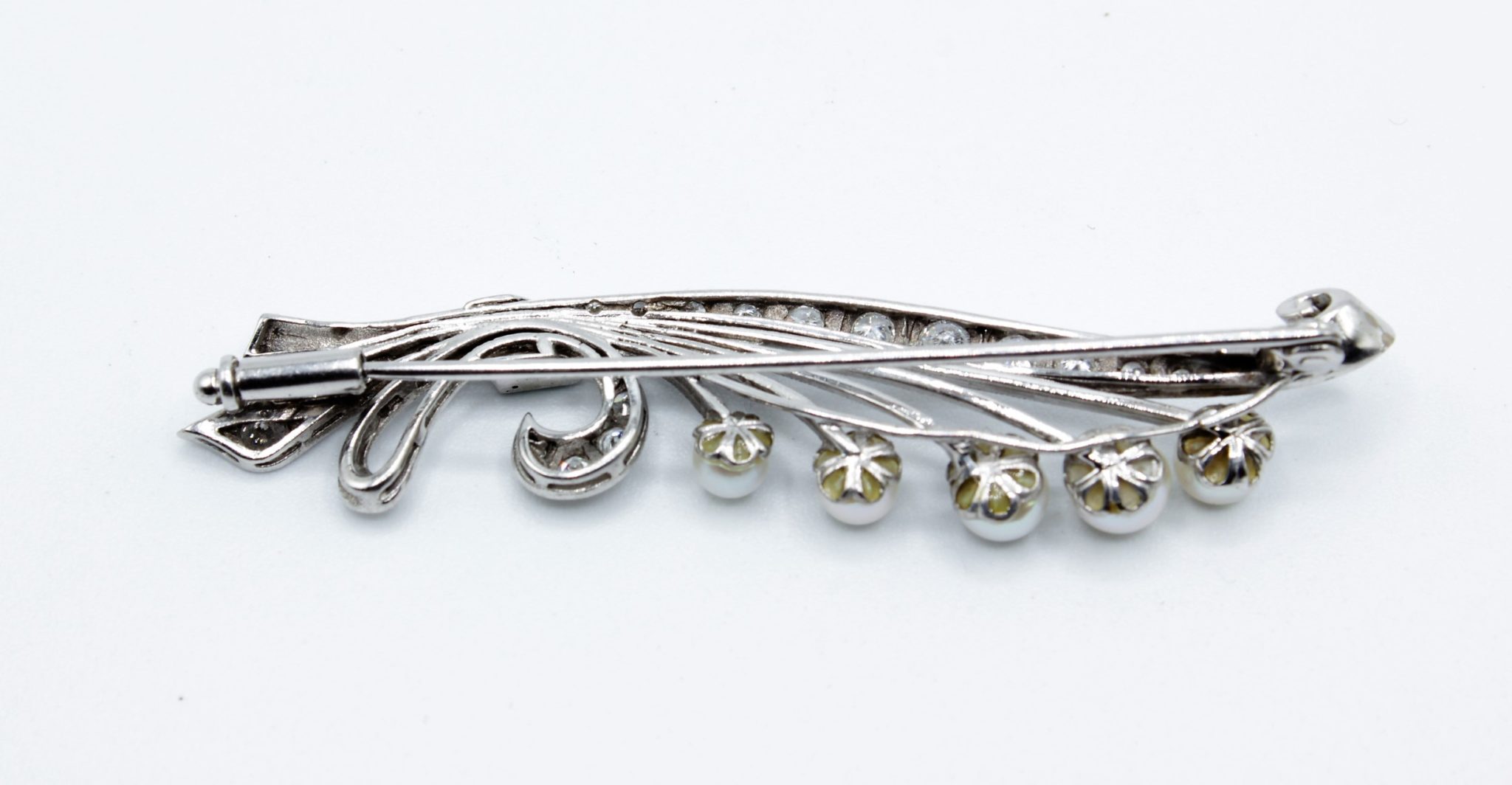 Florale Turmalin Brosche ca. 0,5ct Diamanten Zuchtperlen um 1950/60 Weißgold 18K - Bild 6