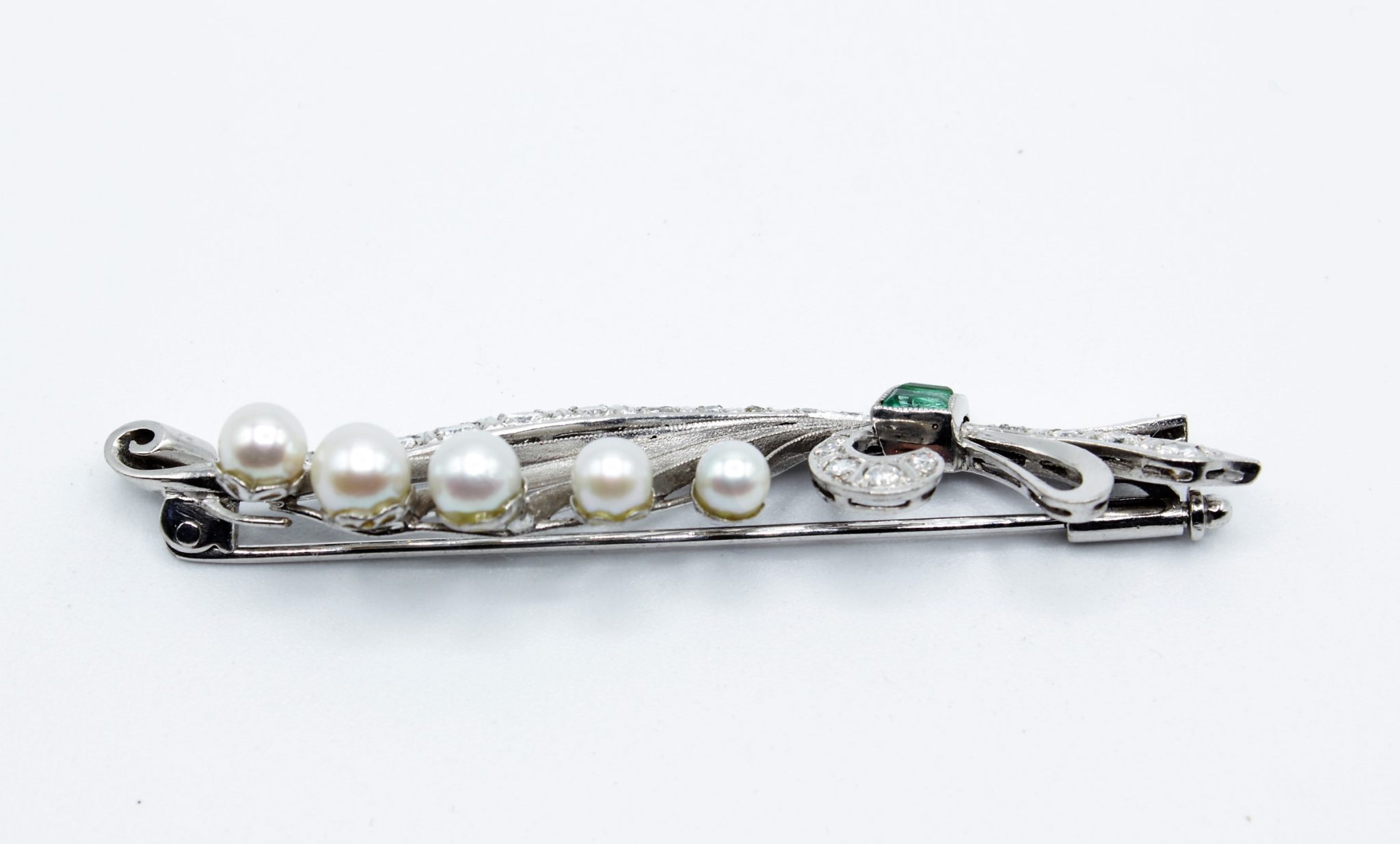 Florale Turmalin Brosche ca. 0,5ct Diamanten Zuchtperlen um 1950/60 Weißgold 18K - Bild 9