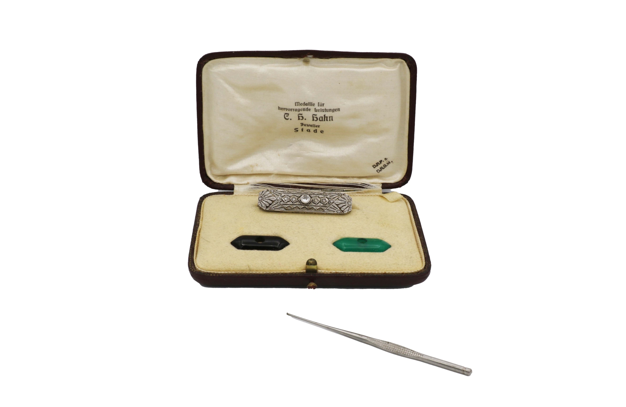 Art Deco Brosche Weißgold 585 / 14K mit Diamanten Onyx Chrysopras Wechselbar - Bild 3