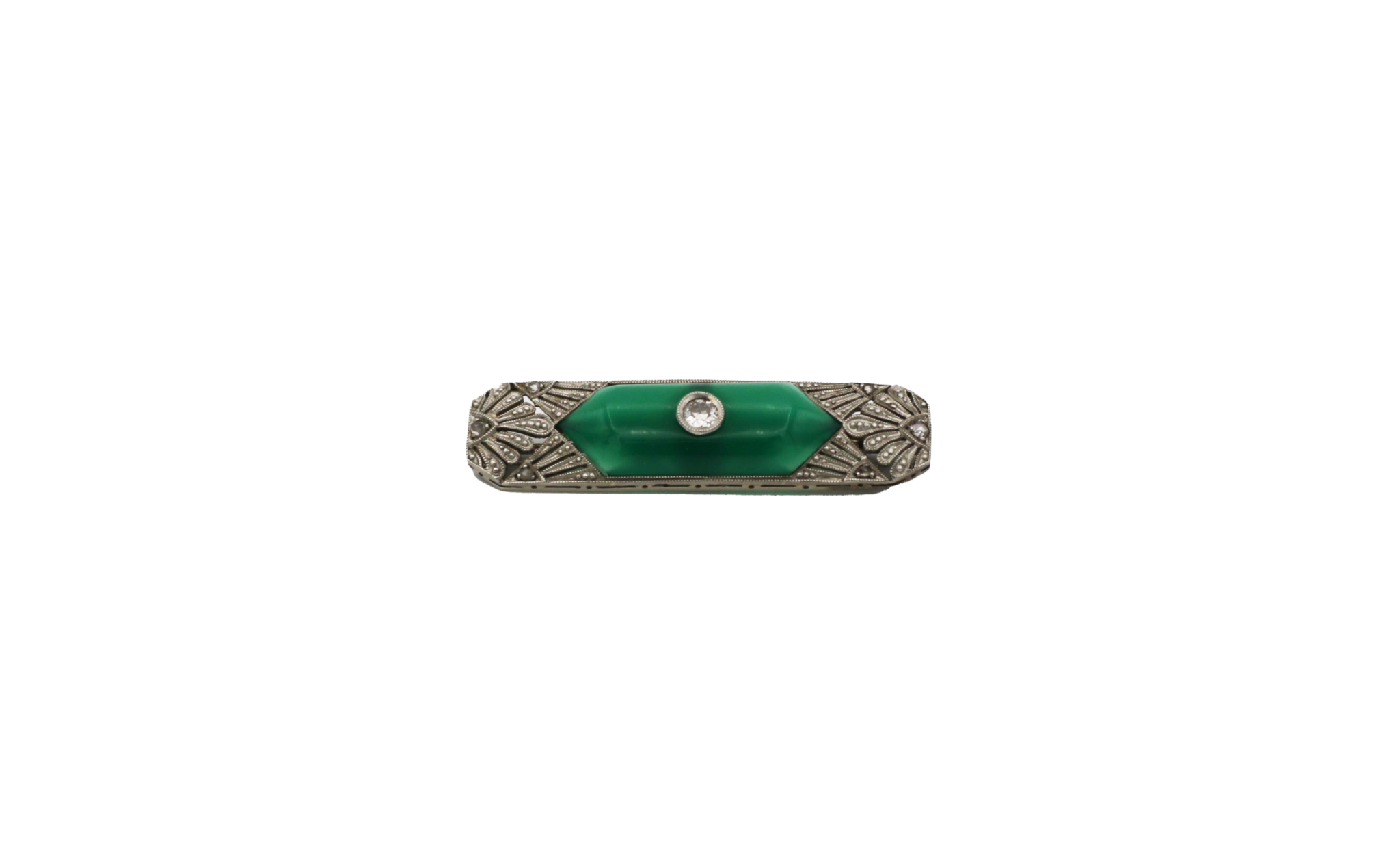 Art Deco Brosche Weißgold 585 / 14K mit Diamanten Onyx Chrysopras Wechselbar - Bild 4