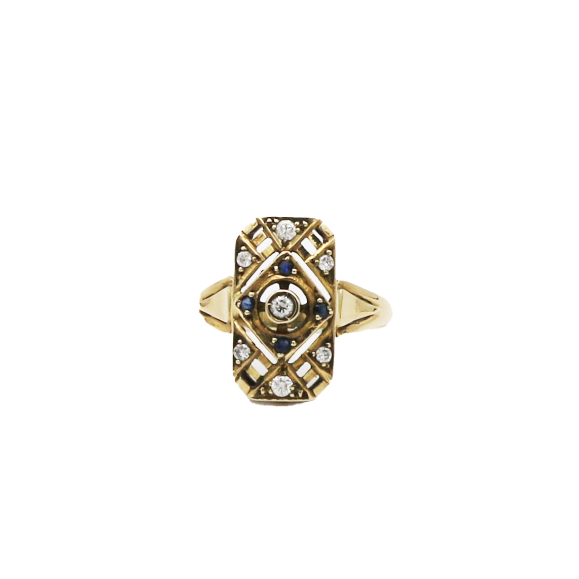Art Deco Ring Gr.57,5 Gelbgold 585 / 14K mit Diamanten und Saphiren