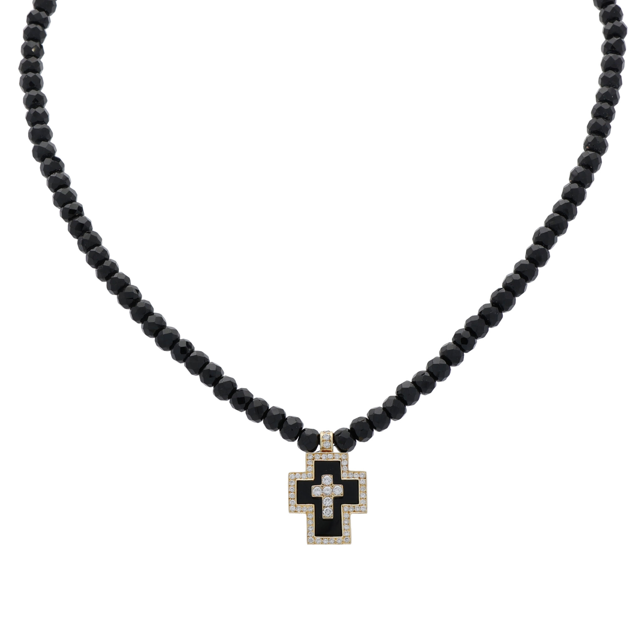 Onyxkette mit Diamant Kreuzanhänger Gelbgold 585/14K.