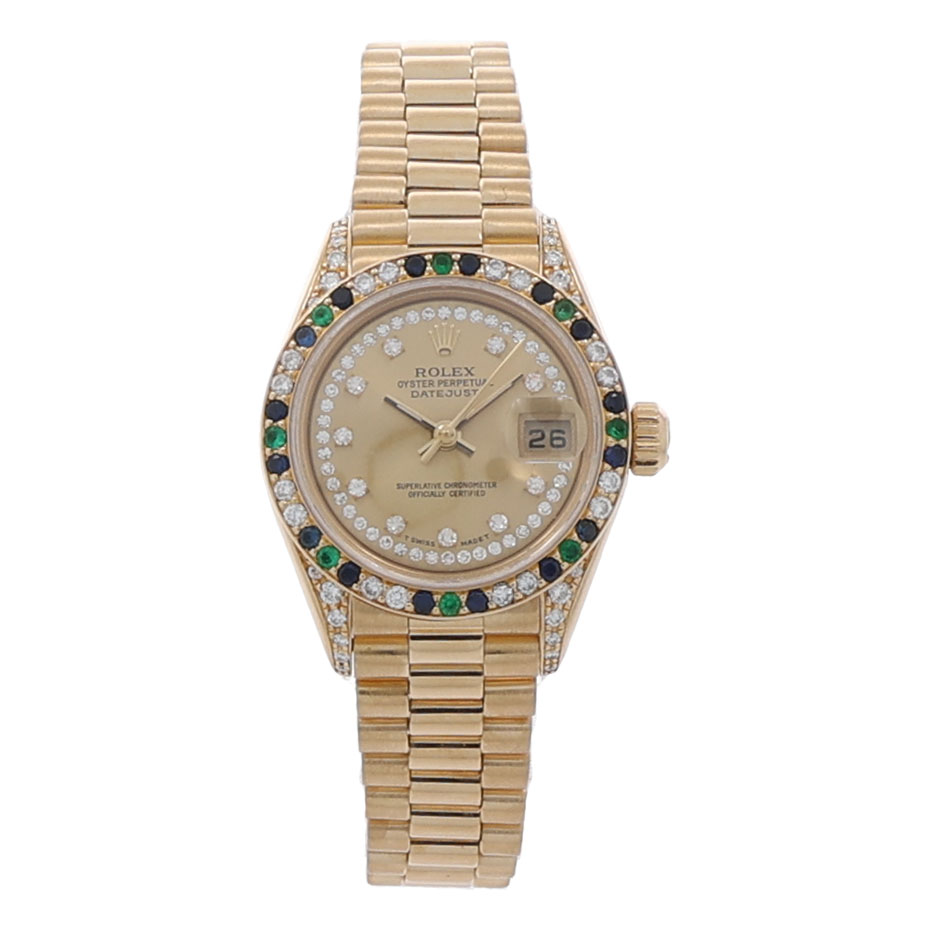 Rolex Lady-Datejust Ref. 69038 Gold 18K Factory Diamond Saphire Emerald Setting Full Set