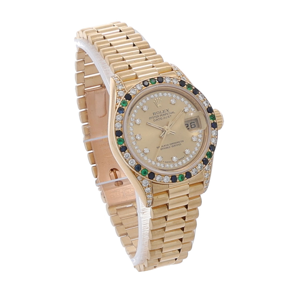 Rolex Lady-Datejust Ref. 69038 Gold 18K Factory Diamond Saphire Emerald Setting Full Set - Bild 3