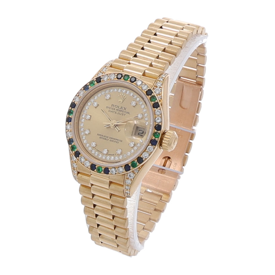 Rolex Lady-Datejust Ref. 69038 Gold 18K Factory Diamond Saphire Emerald Setting Full Set - Bild 2