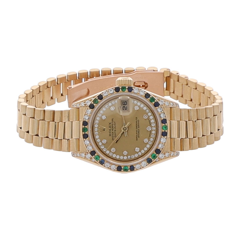 Rolex Lady-Datejust Ref. 69038 Gold 18K Factory Diamond Saphire Emerald Setting Full Set - Bild 4