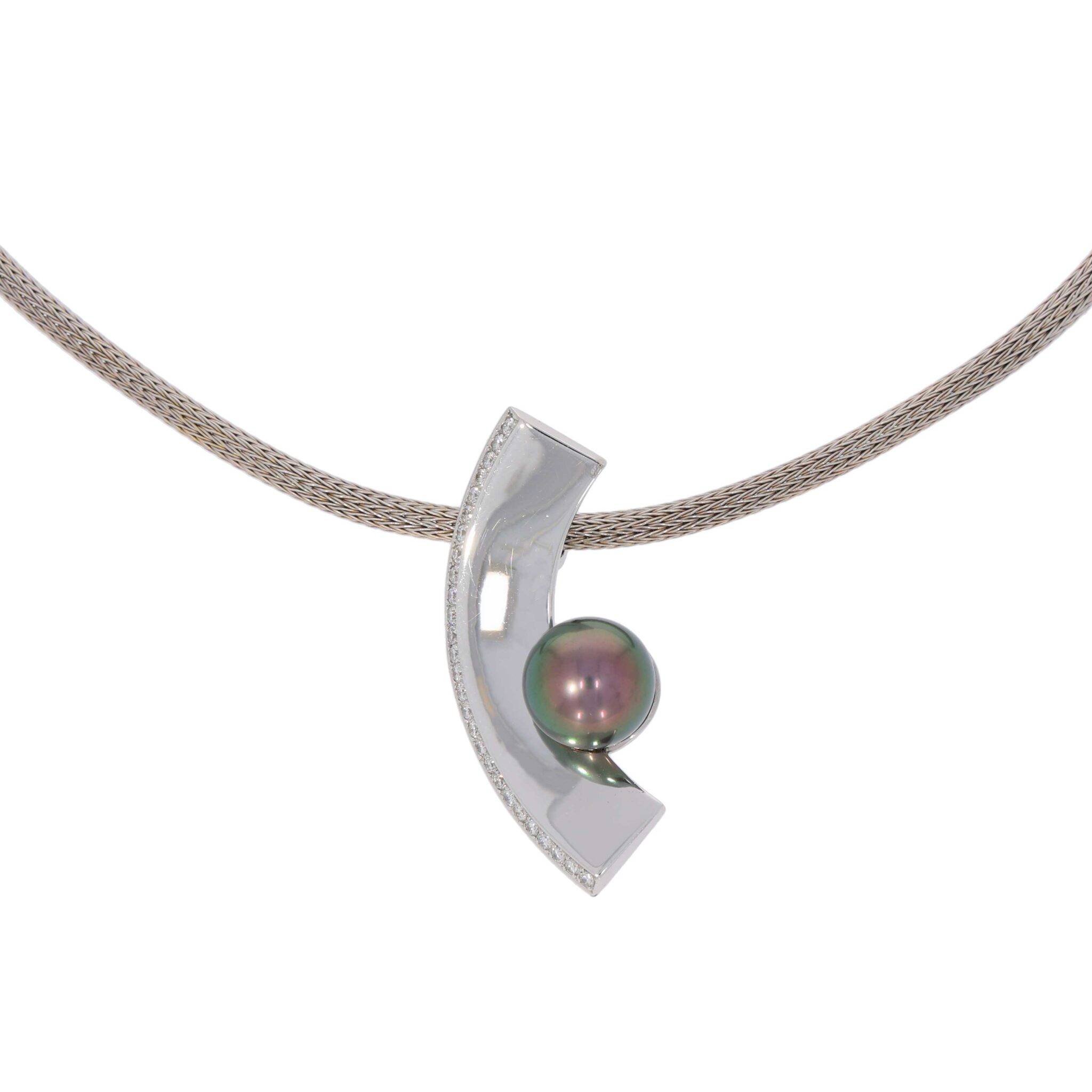 Strickkette Weißgold 750 / 18K mit Tahiti Zuchtperle und ca. 0,2ct Diamanten - Bild 3