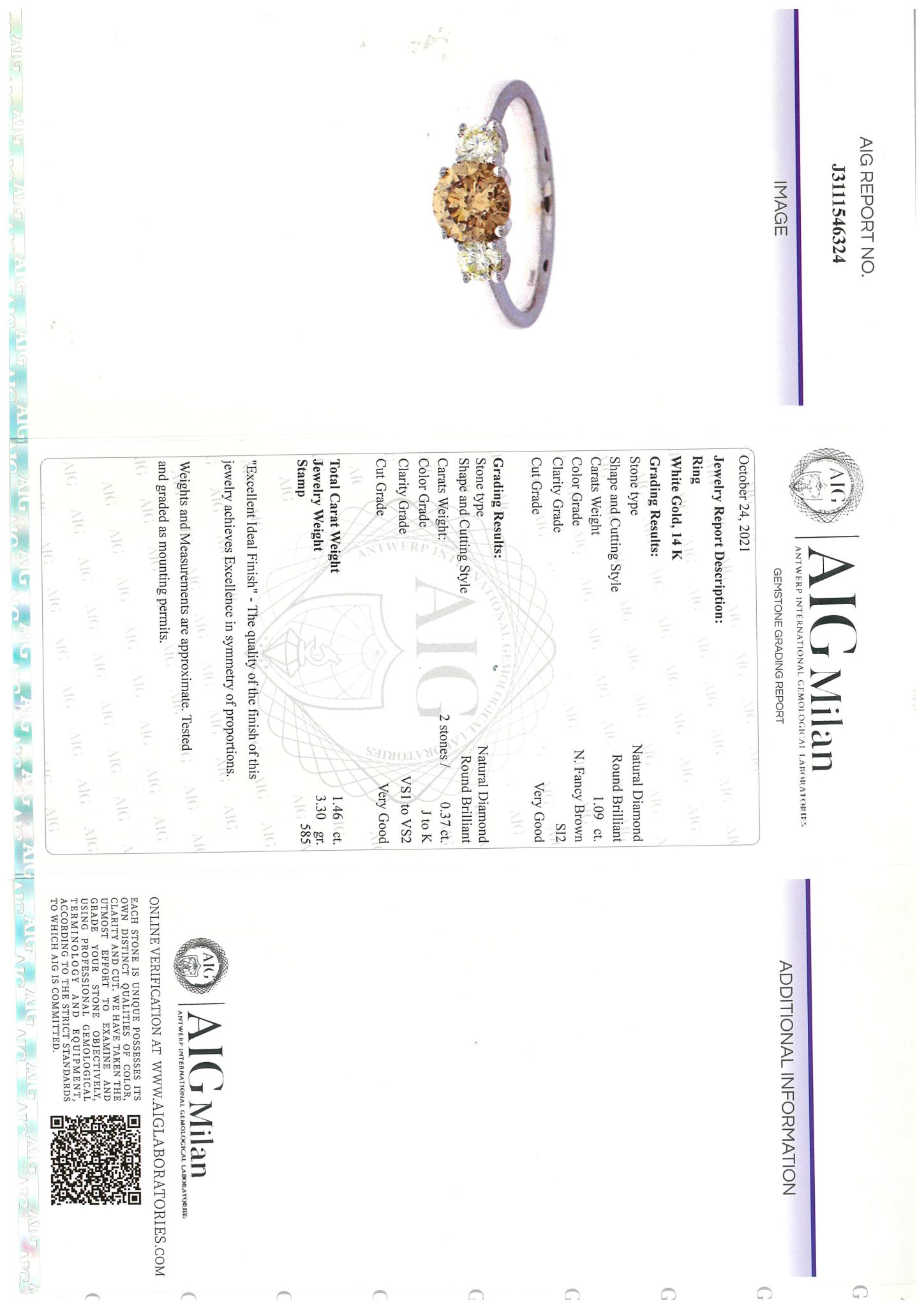 Solitärring Gr.55 1,09ct Diamant Weißgold 585/ 14K AIG Zertifikat - Bild 5