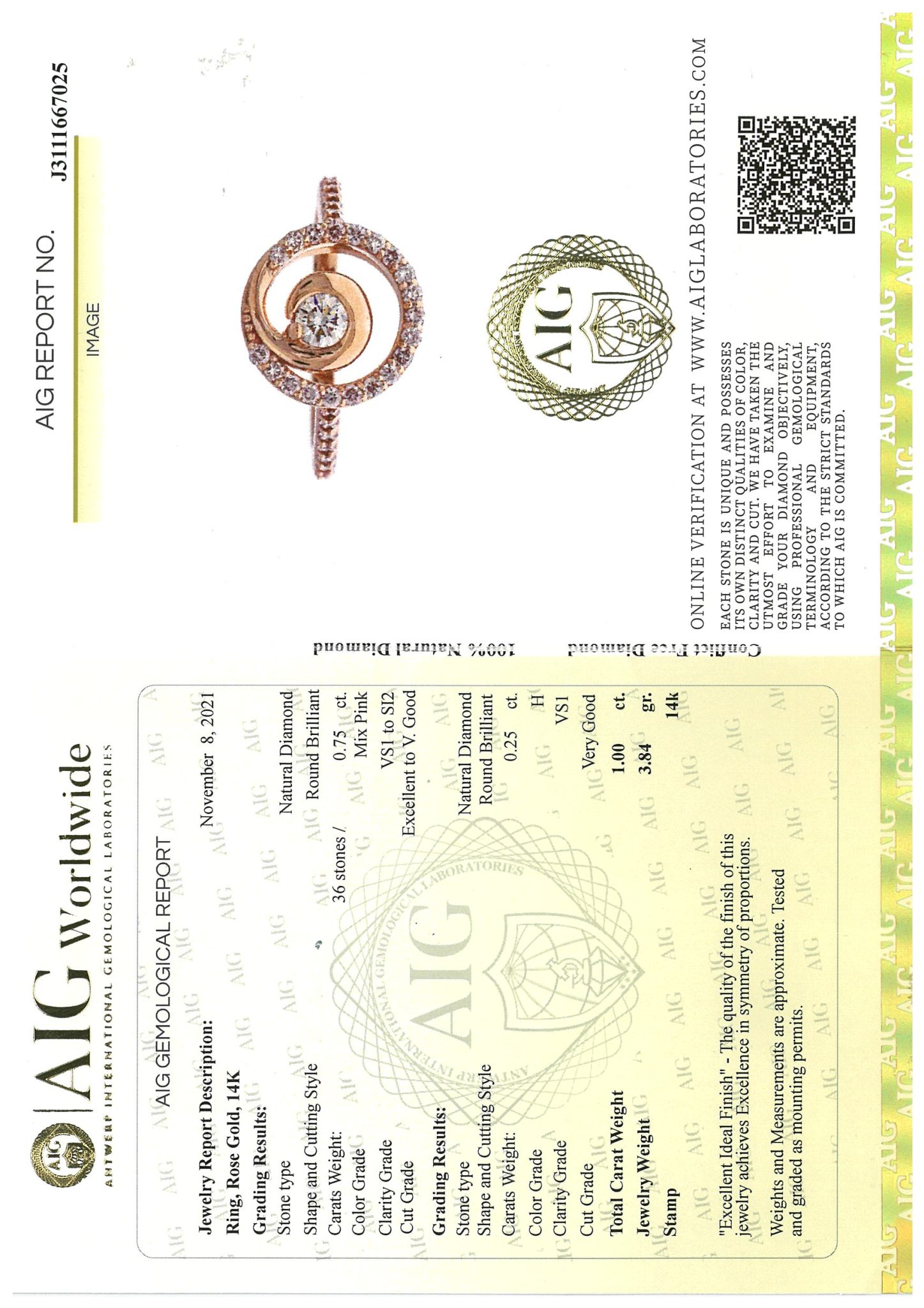 Diamant Ring Gr. 53 0,25 ct Brillant Roségold 585/ 14K AIG Zertifikat - Bild 7