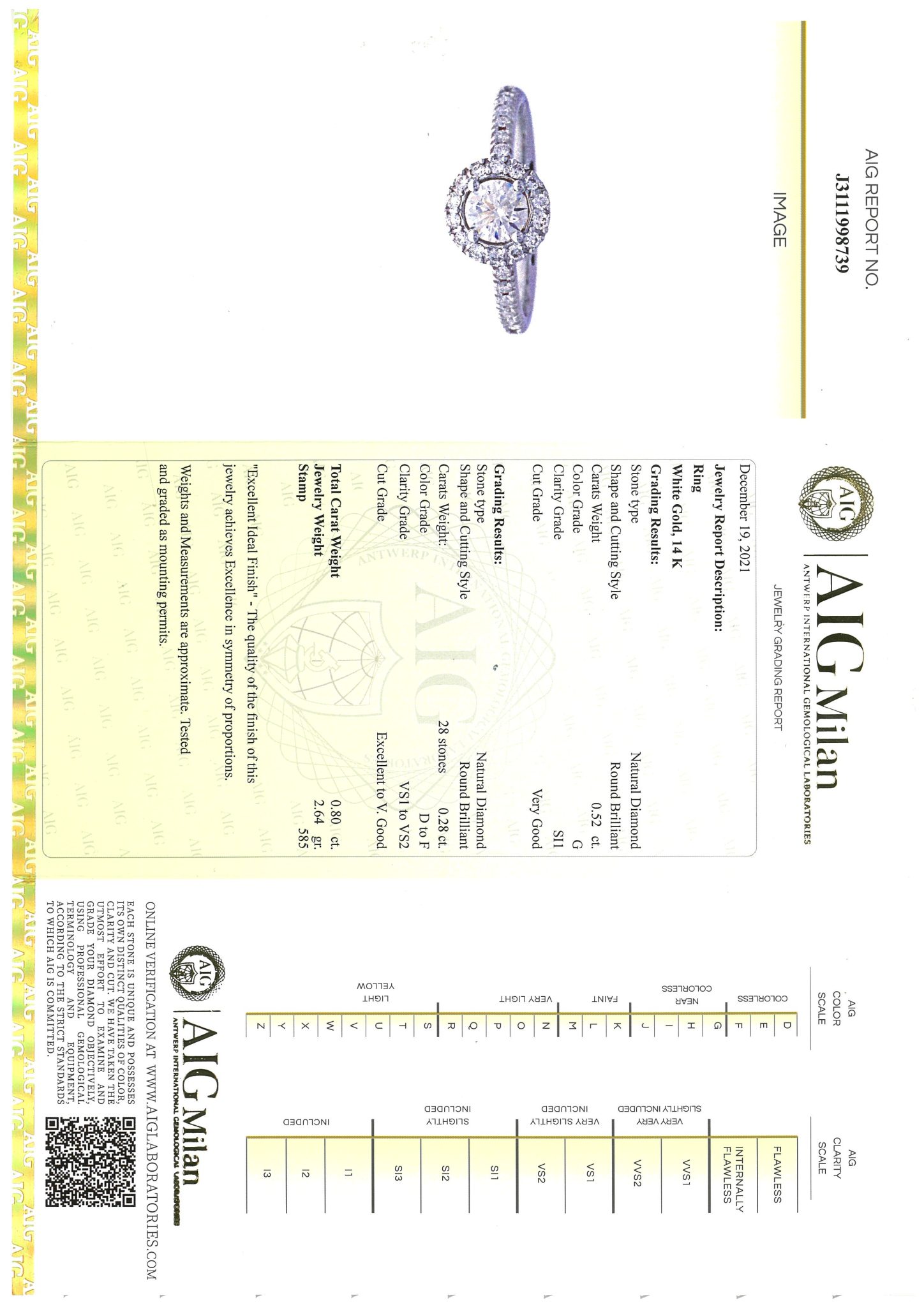 Solitärring Gr. 56 0,52ct Diamant Weißgold 585/ 14K AIG Zertifikat - Bild 7