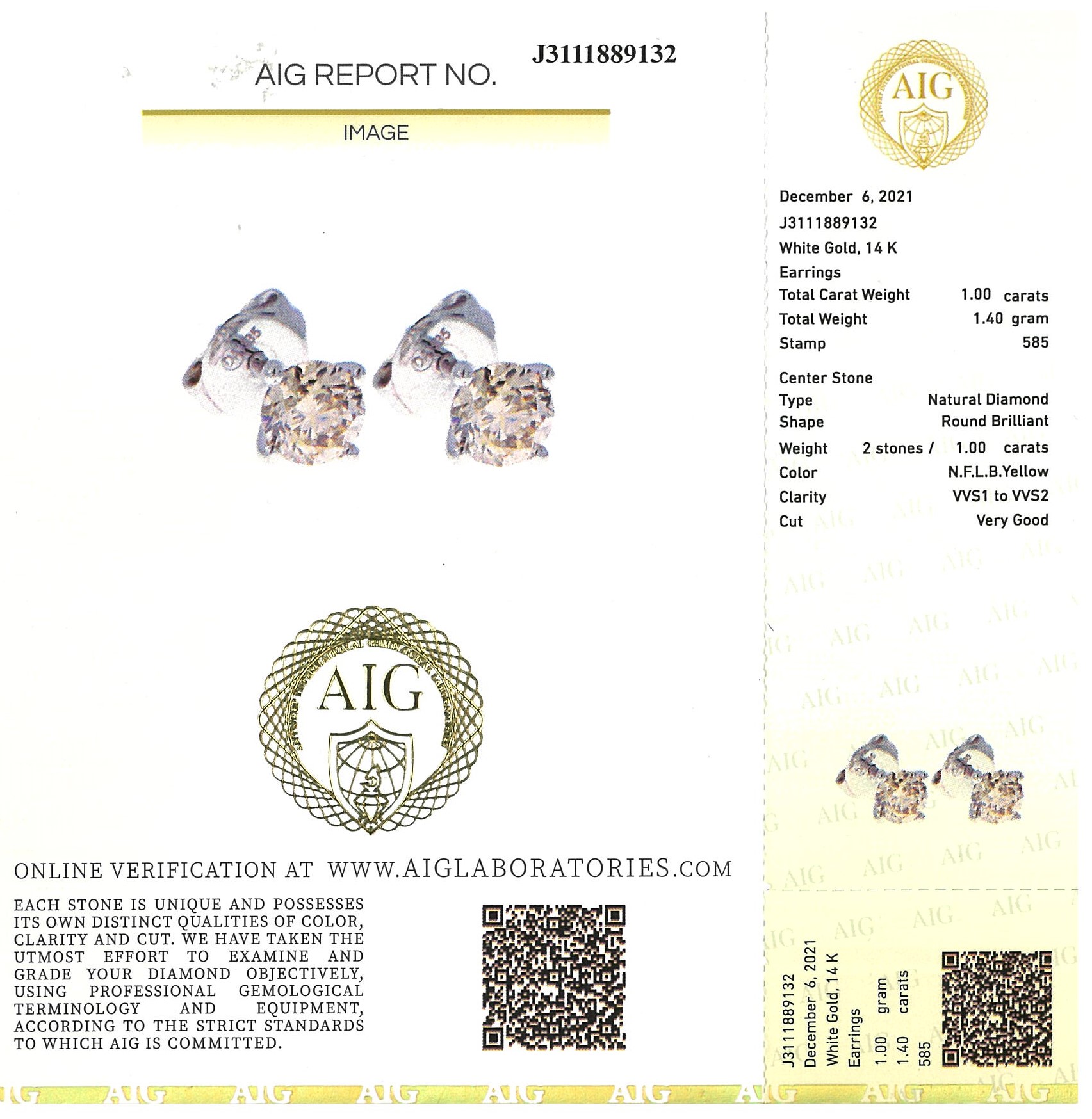 Solitärohrstecker 1,0 ct Diamanten Weißgold 585/ 14K AIG Zertifikat - Bild 6