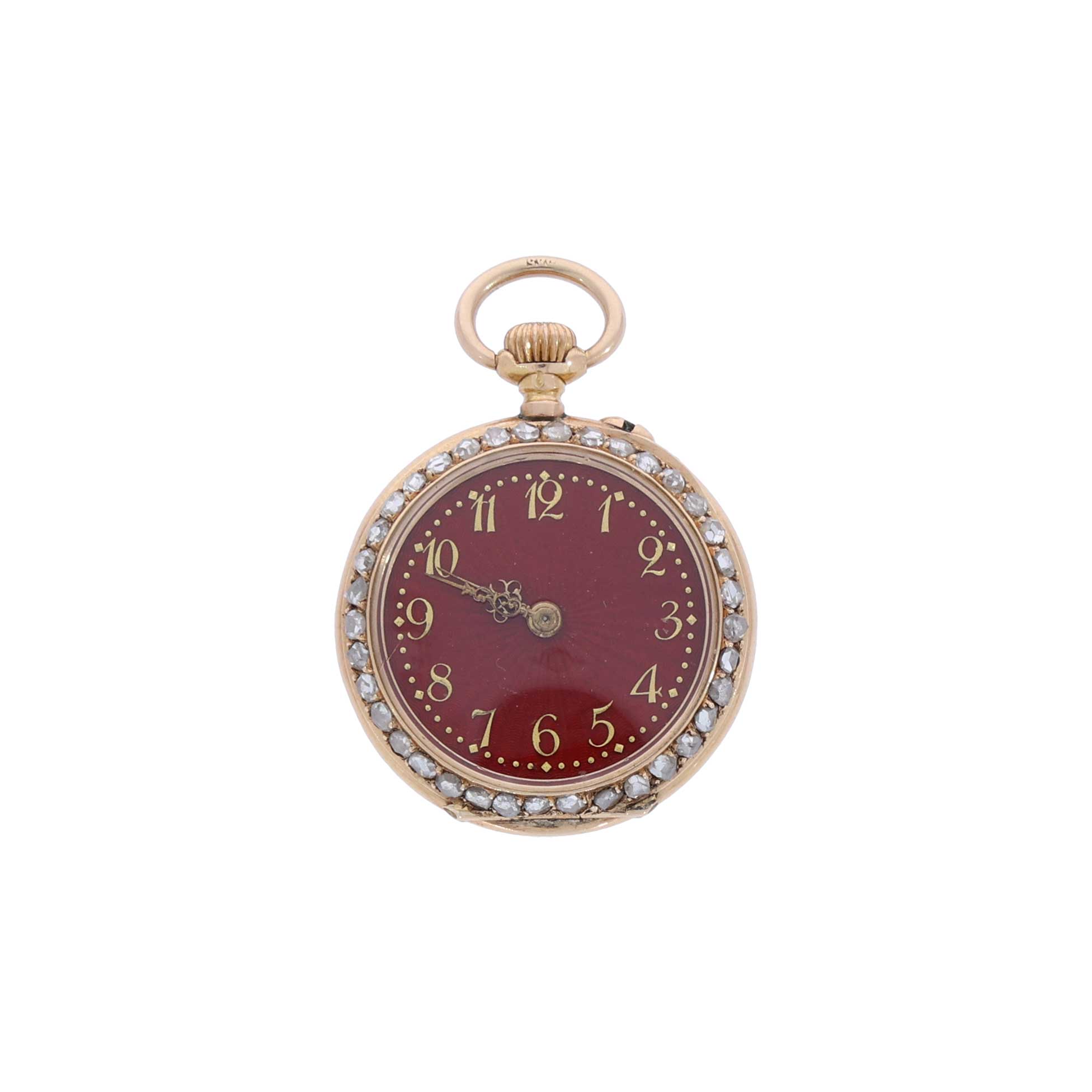unbekannt Anhängeruhr/Taschenuhr rotes Emaille Gold 18K ca. 1900 RARE überholt