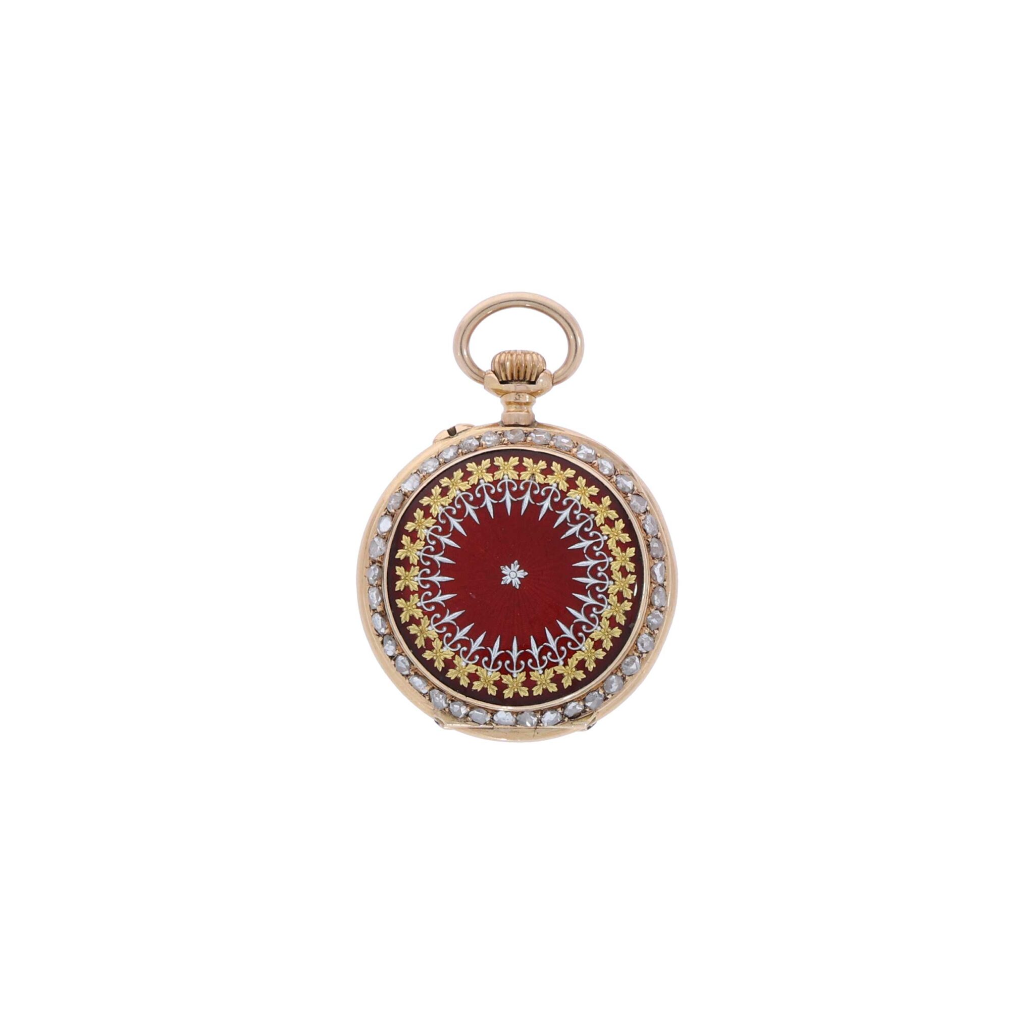 unbekannt Anhängeruhr/Taschenuhr rotes Emaille Gold 18K ca. 1900 RARE überholt - Bild 2