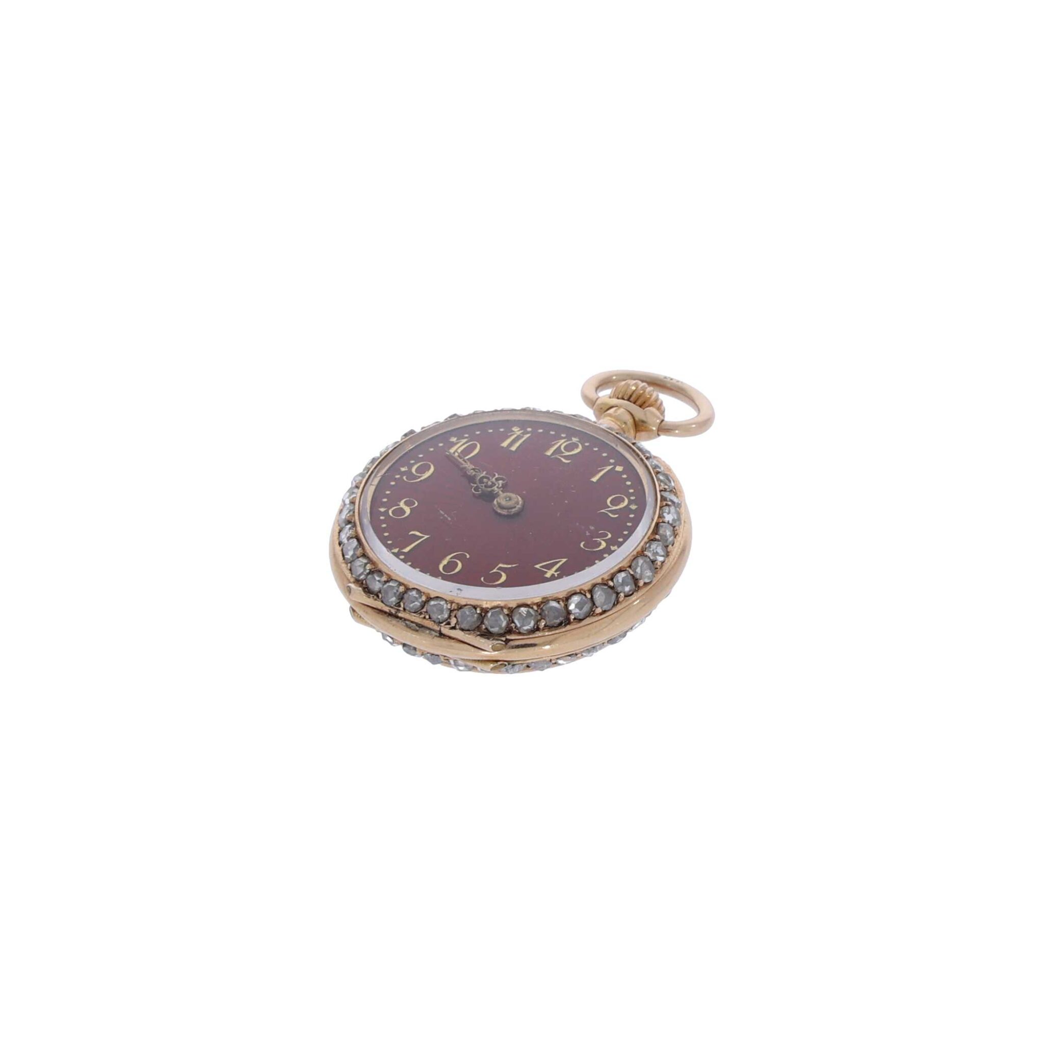 unbekannt Anhängeruhr/Taschenuhr rotes Emaille Gold 18K ca. 1900 RARE überholt - Bild 3