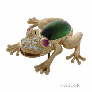 Friedrich Frosch Brosche mit Turmalin und Diamantbesatz in 750er Gelbgold
