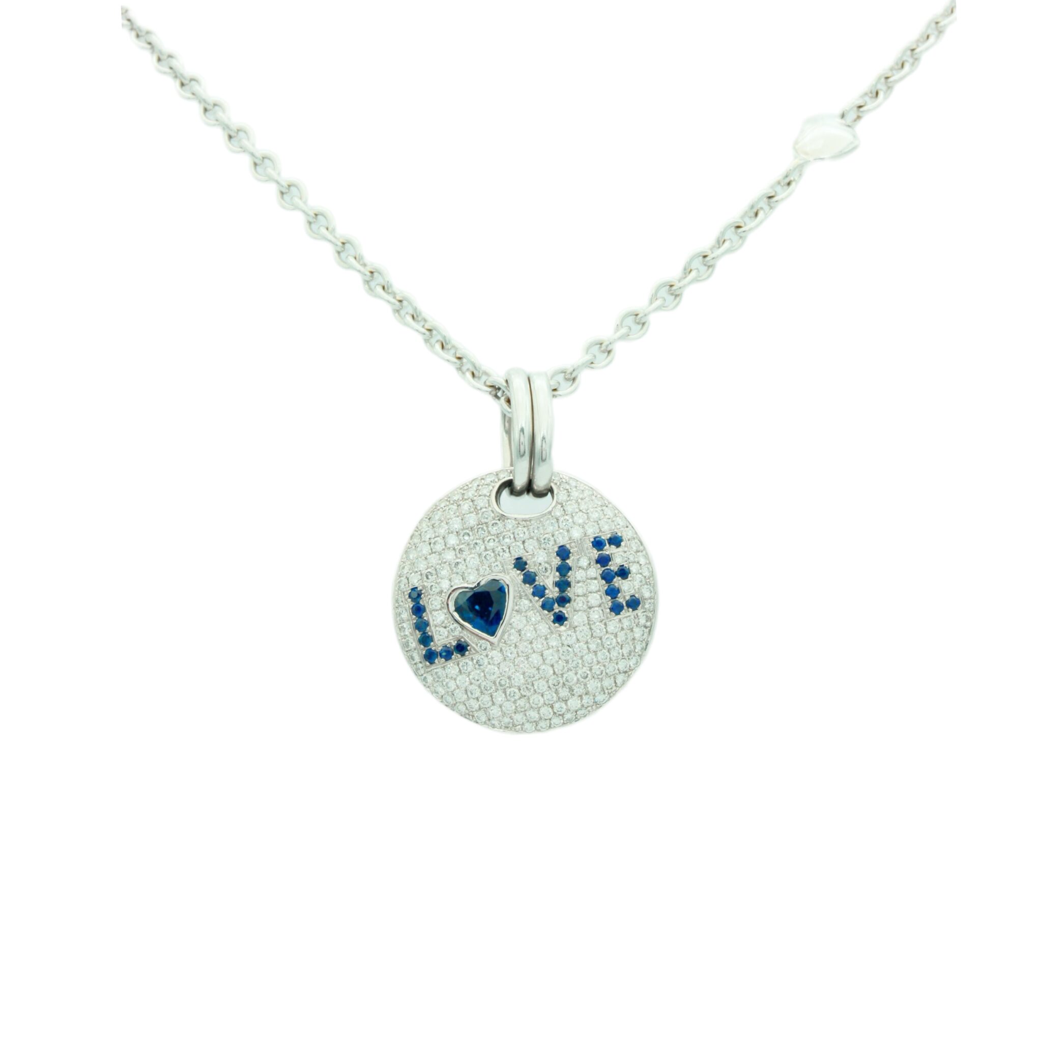 Kette mit Diamant Saphir „Love“ Anhänger Weißgold 750/18K.