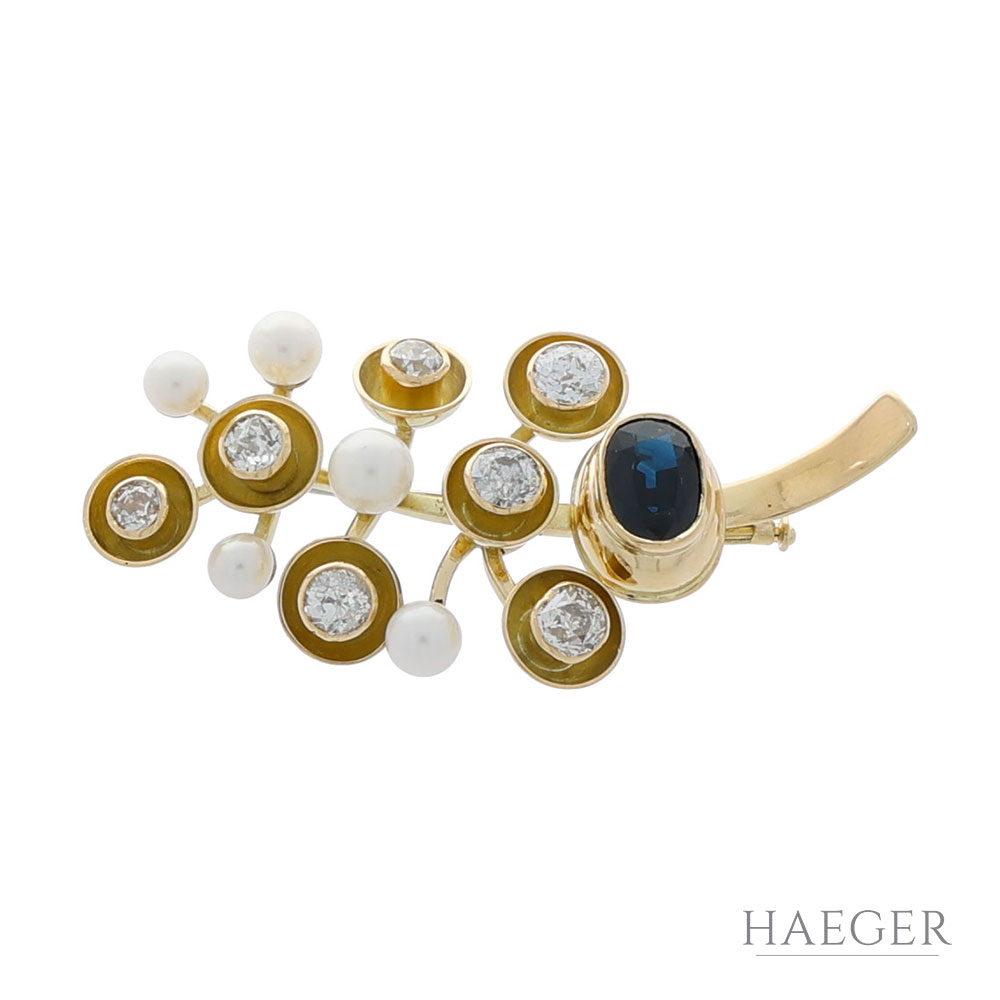Diamant Saphir Perlenbrosche Gelbgold 750 / 18 Kt. ca. 2,00ct.