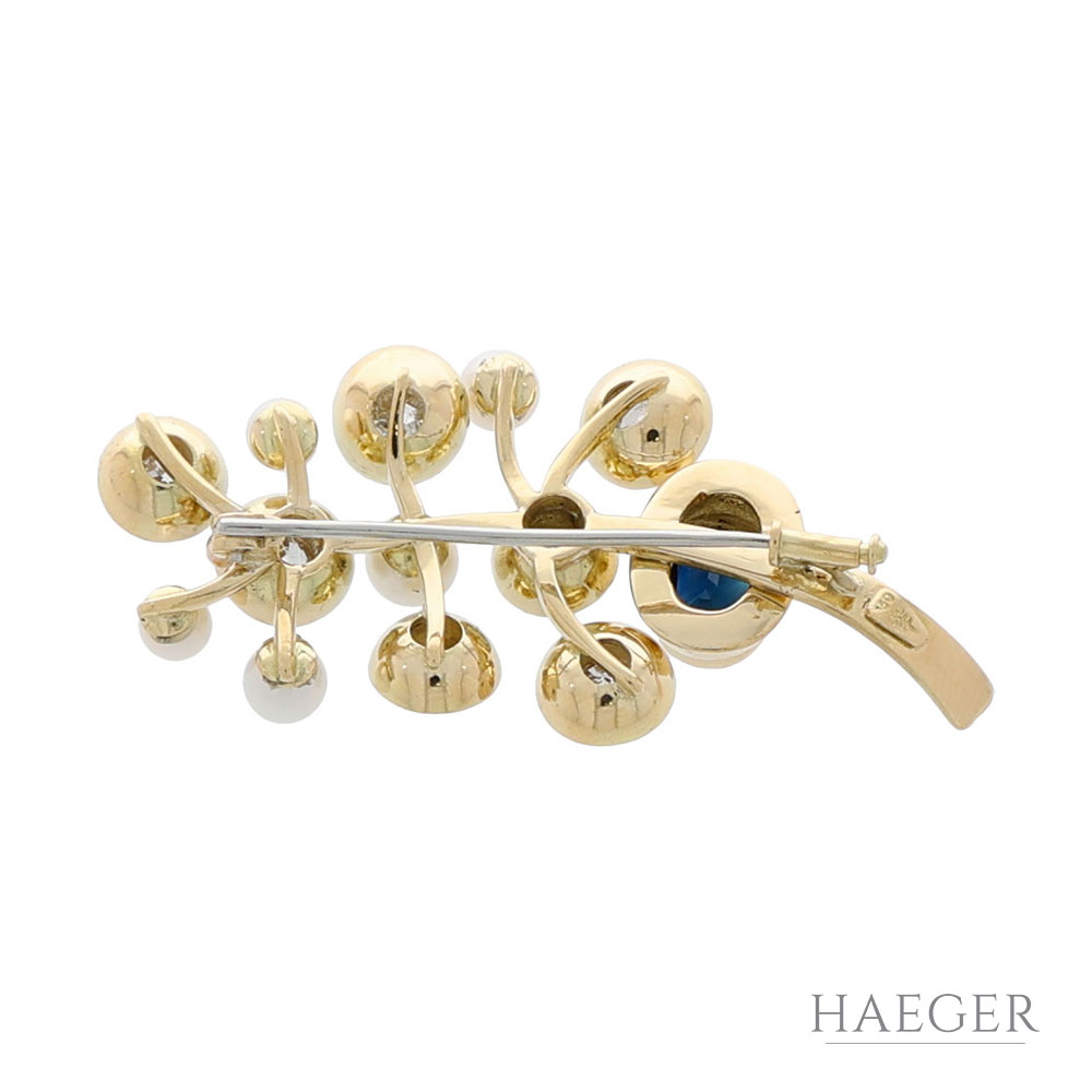 Diamant Saphir Perlenbrosche Gelbgold 750 / 18 Kt. ca. 2,00ct.
