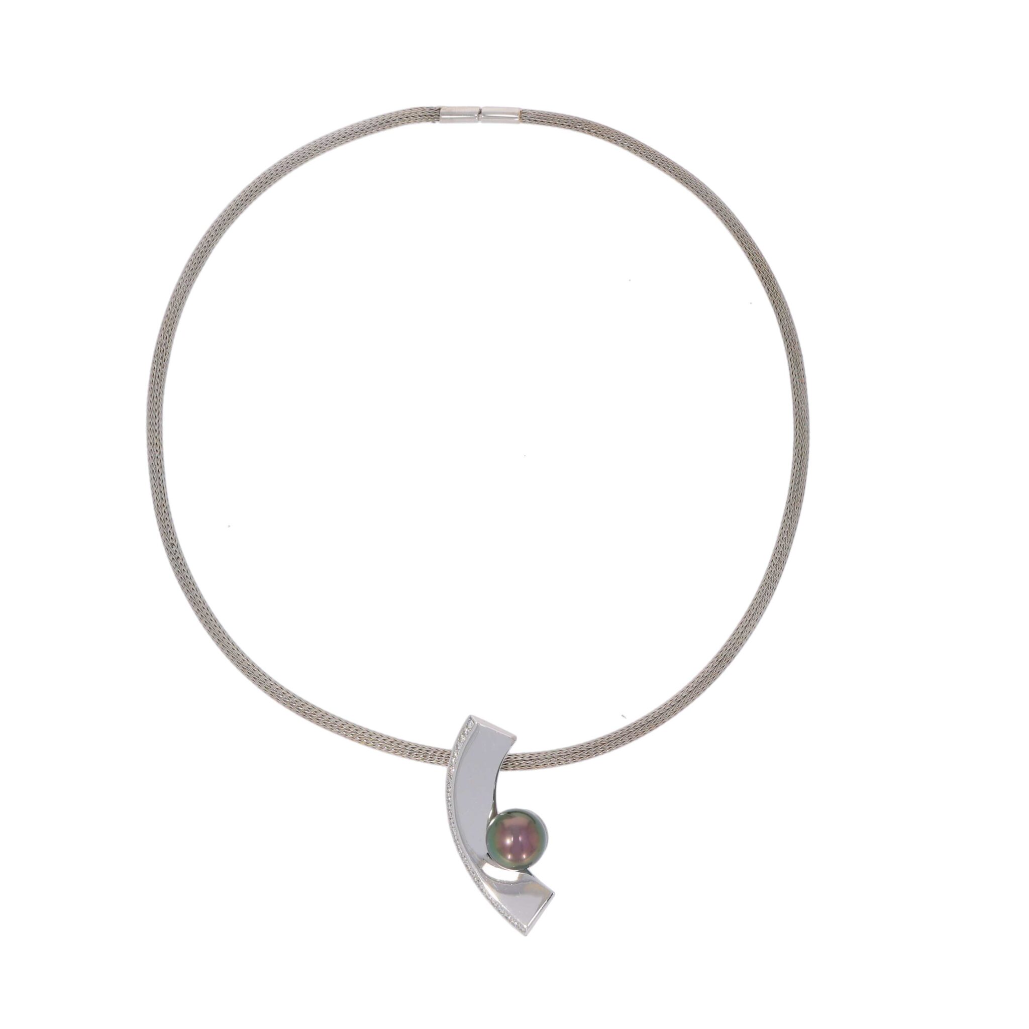 Strickkette Weißgold 750 / 18K mit Tahiti Zuchtperle und ca. 0,2ct Diamanten - Bild 2