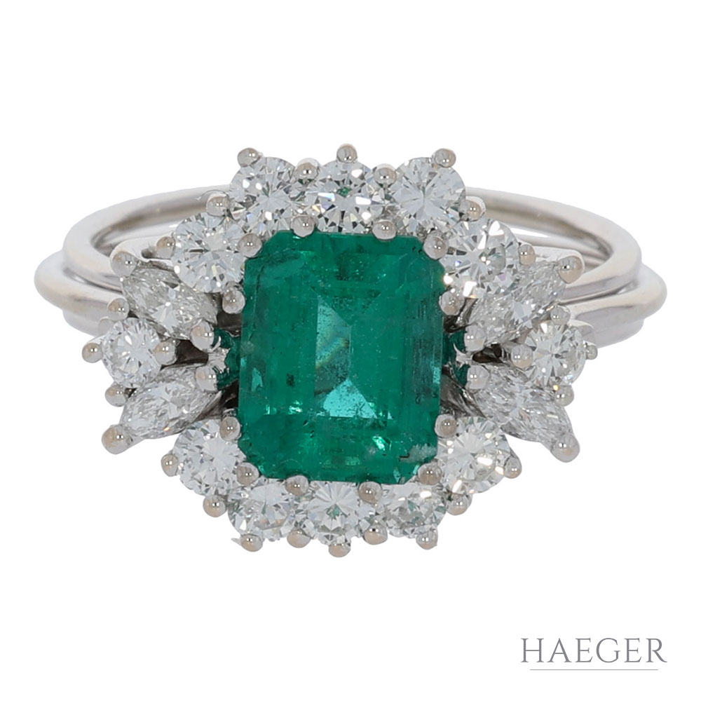 Ring in floraler Form Weißgold 750 / 18K mit Diamanten und Smaragden