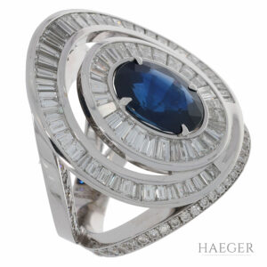 Saphir Ring Weißgold 750 / 18K mit 4ct Diamant Brillanten Baguettes