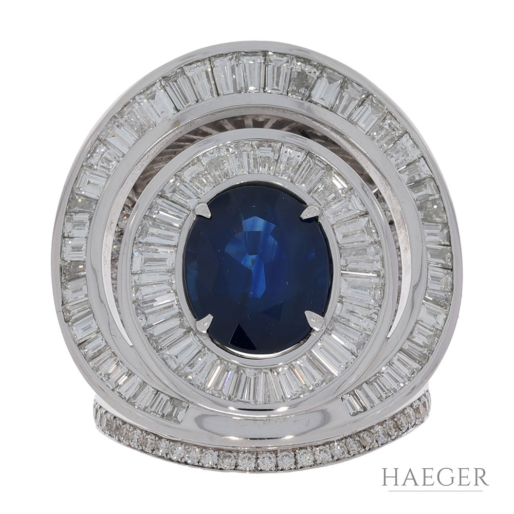 Saphir Ring Weißgold 750 / 18K mit 4ct Diamant Brillanten Baguettes