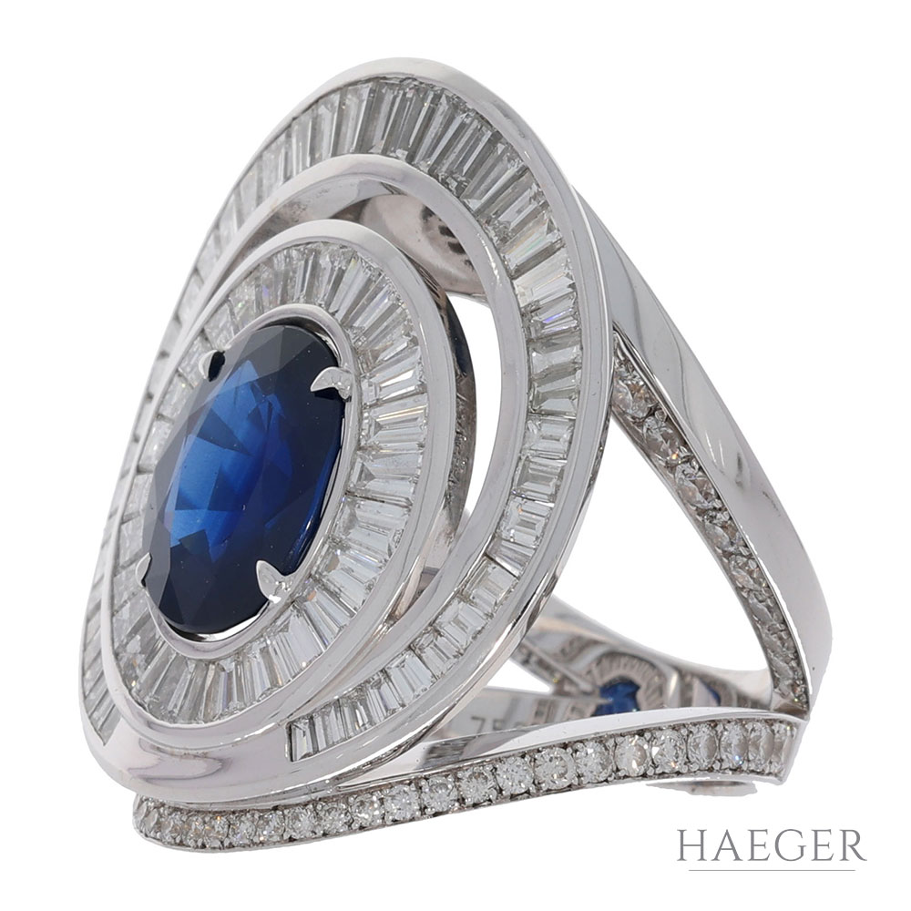 Saphir Ring Weißgold 750 / 18K mit 4ct Diamant Brillanten Baguettes