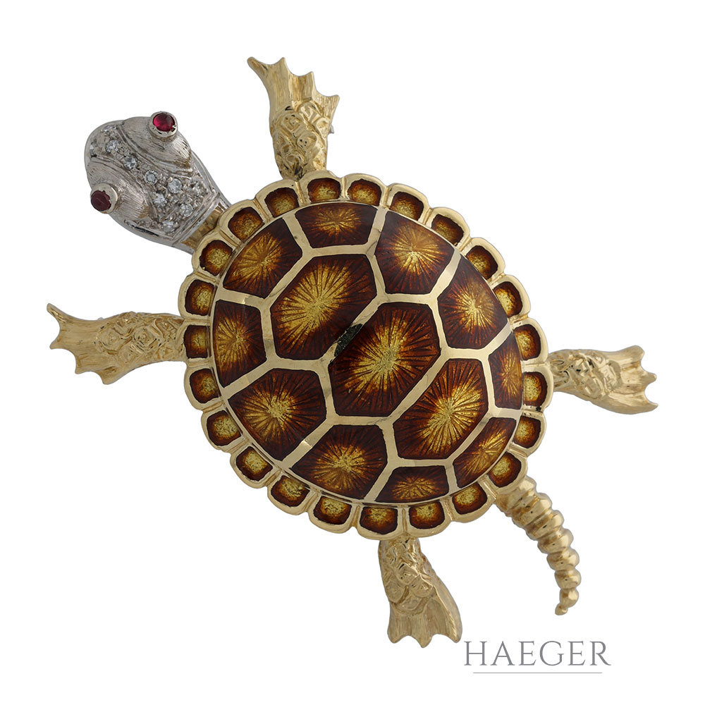 Diamantbrosche Schildkröte in Gelb & Weissgold