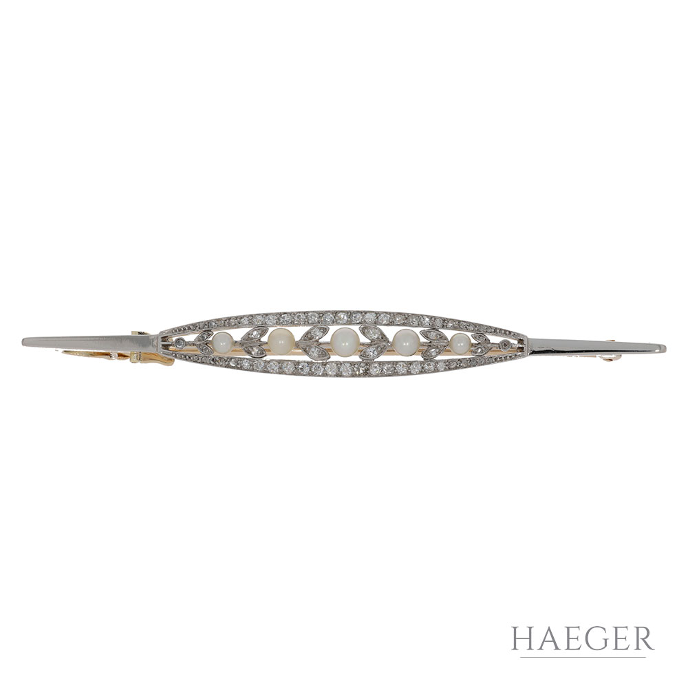 ArtDeco Diamant Perlen Brosche Gelbgold Weißgold 585 / 14 Kt.