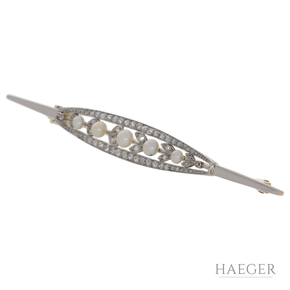ArtDeco Diamant Perlen Brosche Gelbgold Weißgold 585 / 14 Kt.