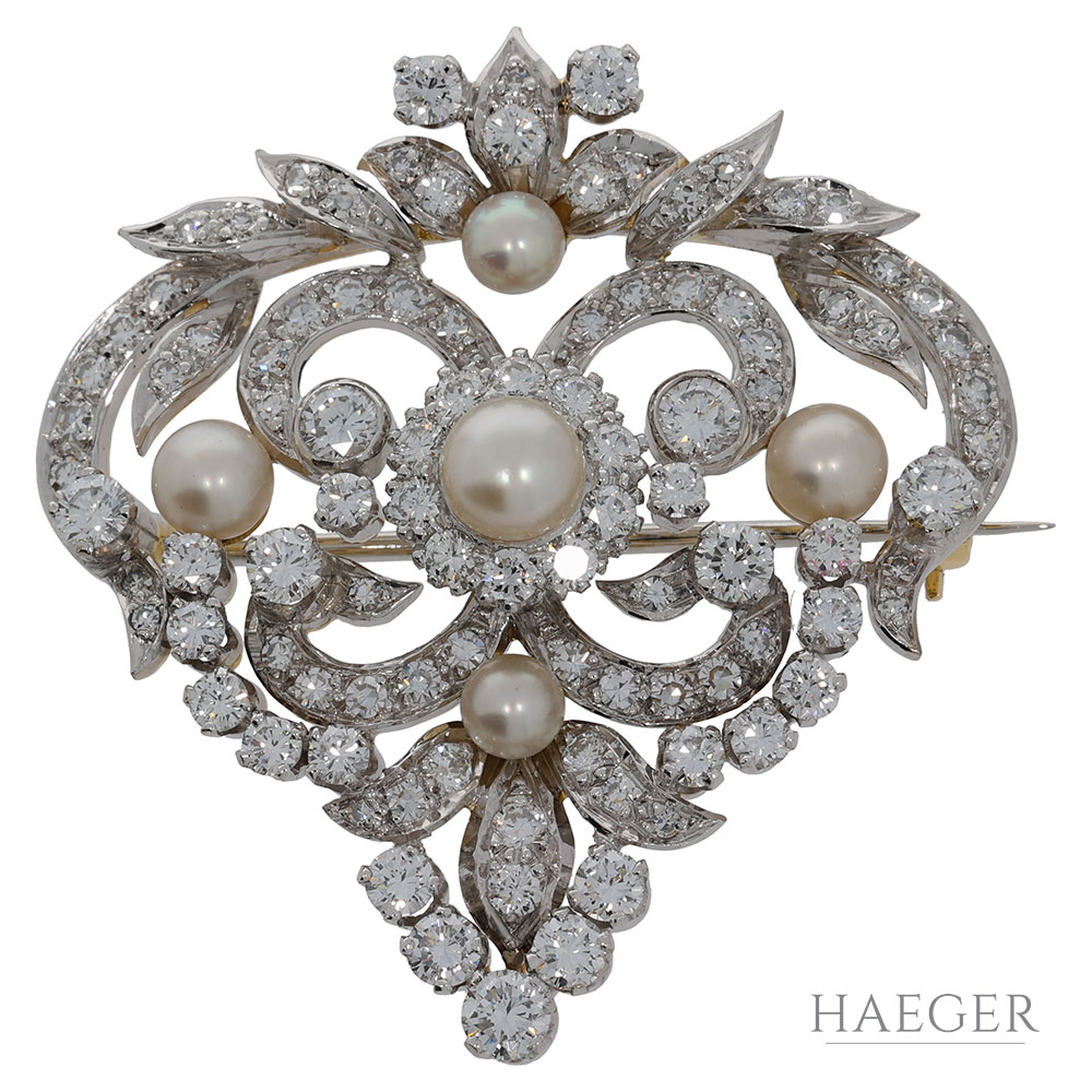 Diamant Perl Brosche Gelb & Weißgold 750 / 18 Kt. ca. 4,40ct.