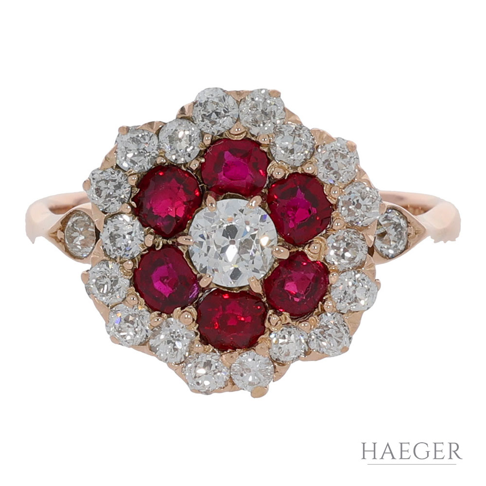 Ring in floraler Form Roségold 585 / 14K mit Rubin und 1,1ct Altschliff Diamanten