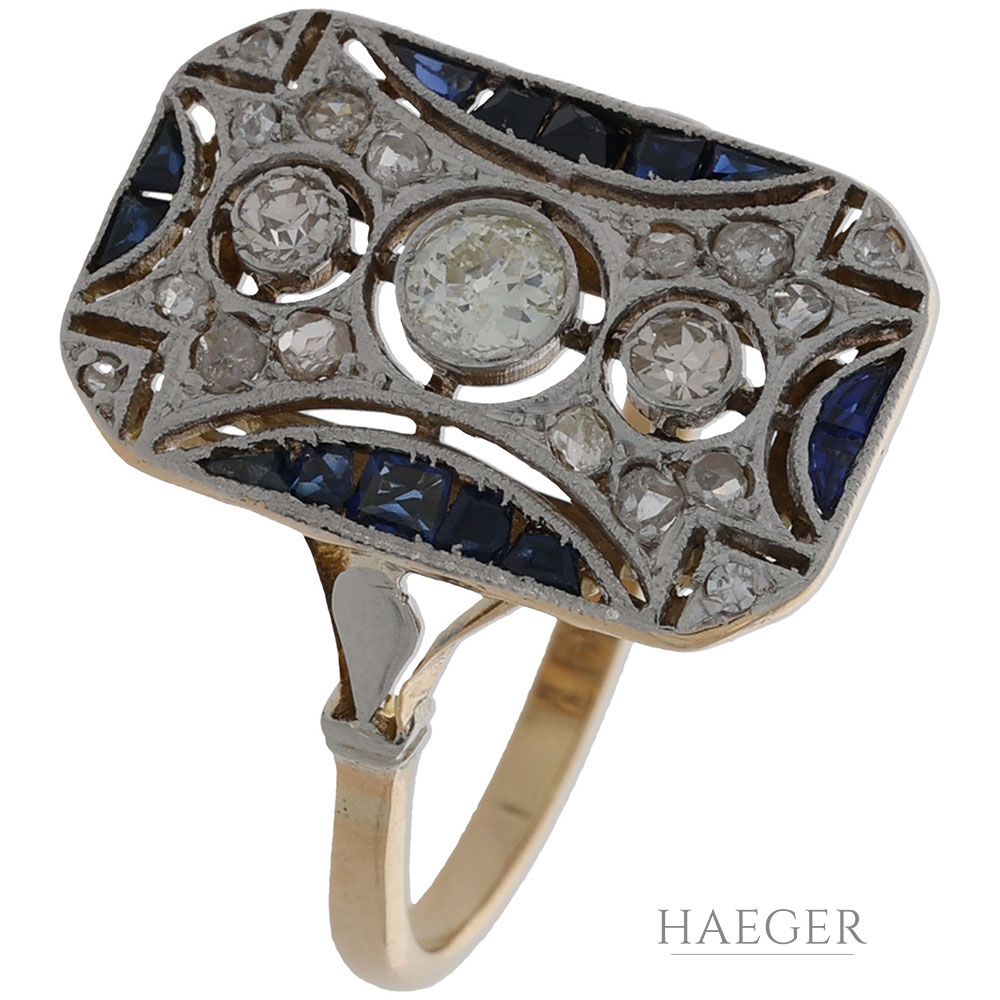 Ring Gr.57 Platin, Gelbgold 750 / 18K mit 0,3ct Diamanten und Saphiren