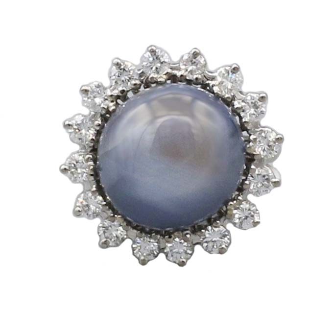 Ring in Sonnenform Gr. 55 Weißgold 750 / 18K mit Sternsaphir und 0,42ct Diamanten