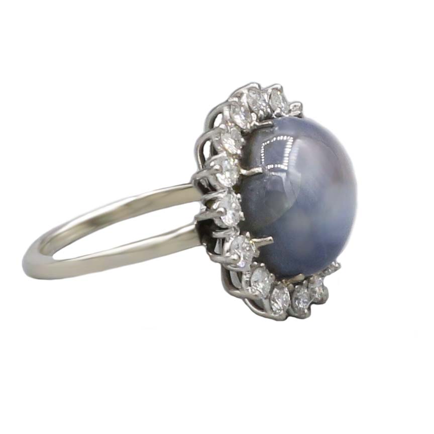 Ring in Sonnenform Gr. 55 Weißgold 750 / 18K mit Sternsaphir und 0,42ct Diamanten