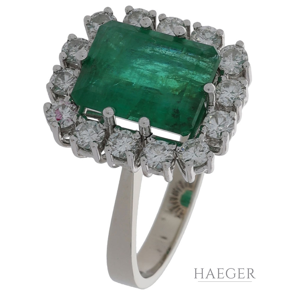 Smaragd Ring Gr.50 Weißgold 750 / 18K mit 0,5ct Diamanten