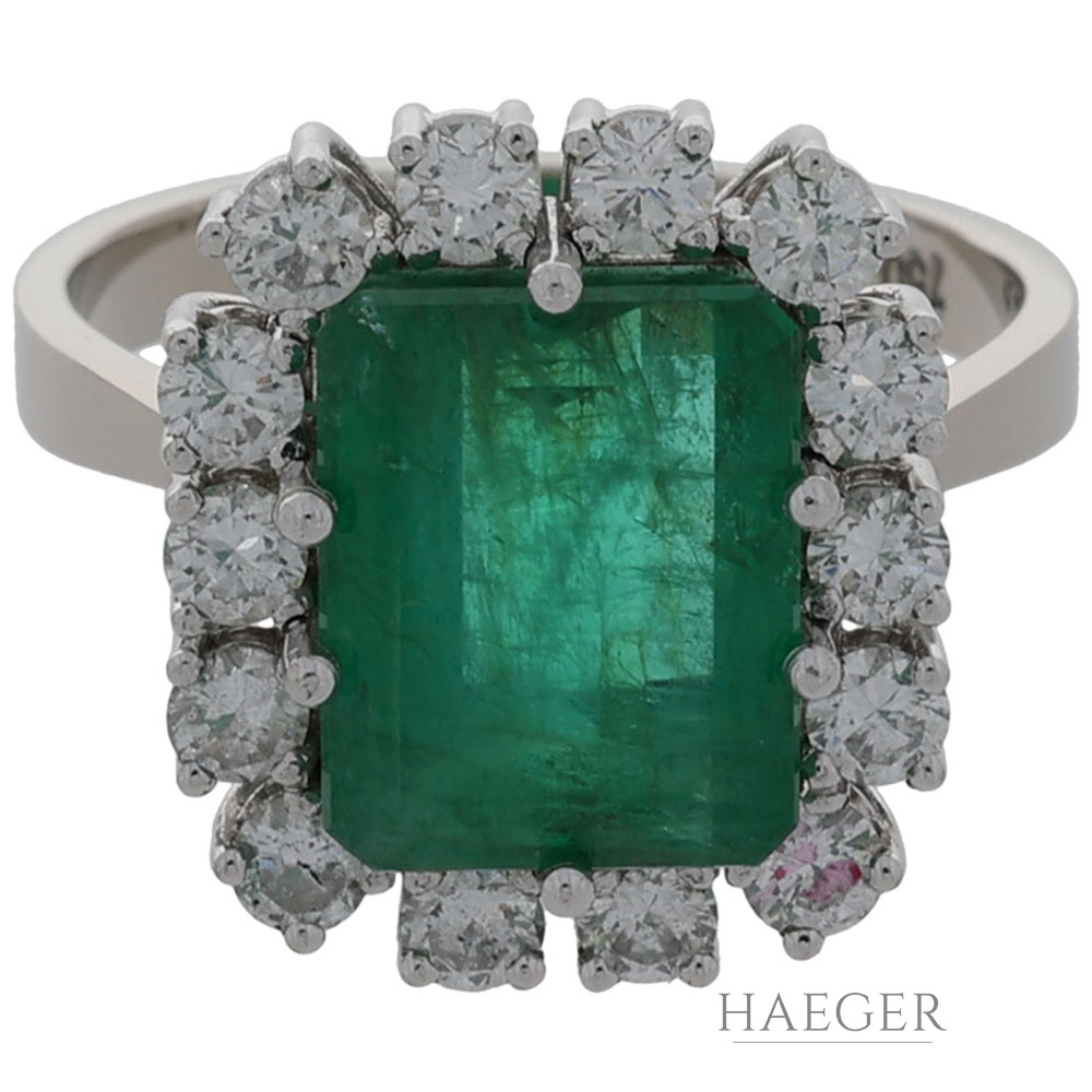 Smaragd Ring Gr.50 Weißgold 750 / 18K mit 0,5ct Diamanten
