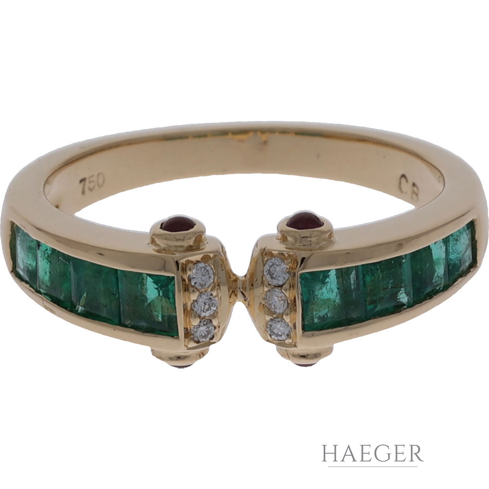 Ring Gr.53 Gelbgold 750 / 18K mit Diamanten Rubinen und Smaragden - Bild 2