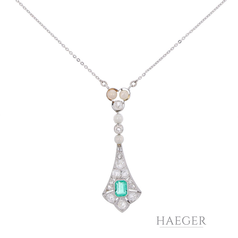 Jugendstil Collier 40cm Weißgold 585 / 14K mit Diamanten und Smaragd