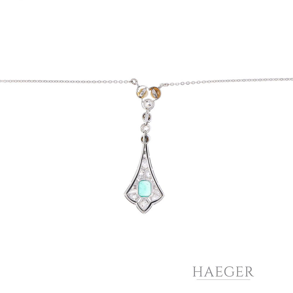 Jugendstil Collier 40cm Weißgold 585 / 14K mit Diamanten und Smaragd